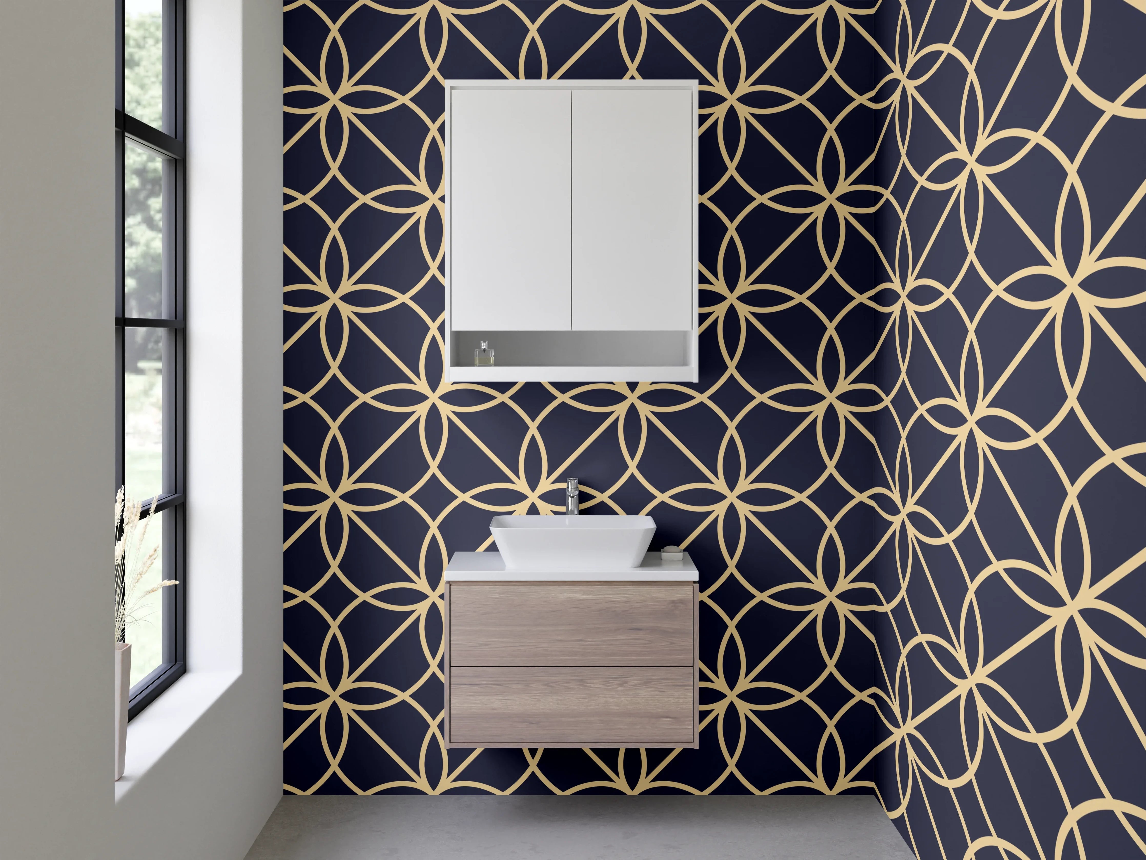 Waschbecken-Rückwand - Gold, Nachtblau und Silbergrau Geometrie