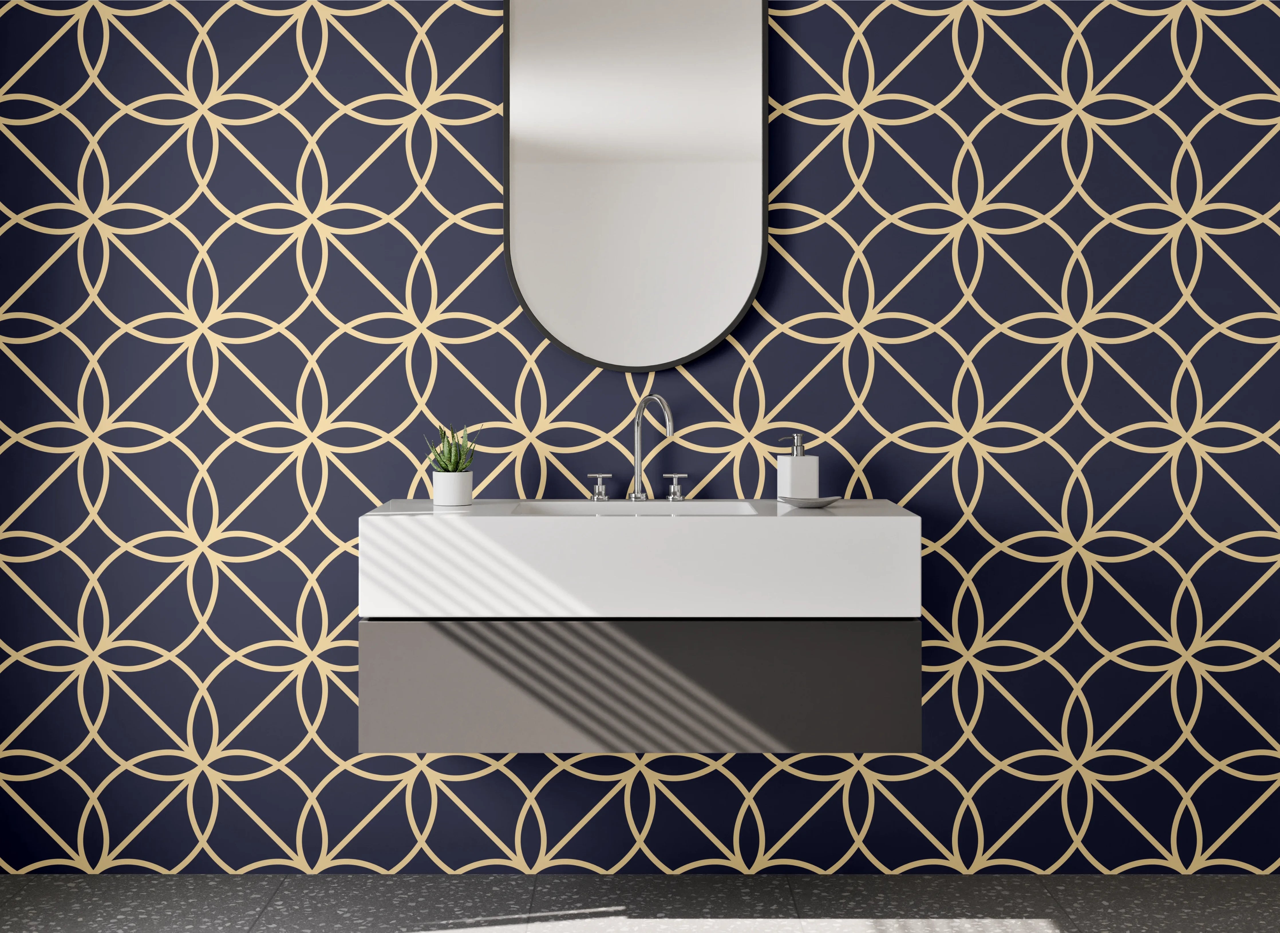 Waschbecken-Rückwand - Gold, Nachtblau und Silbergrau Geometrie