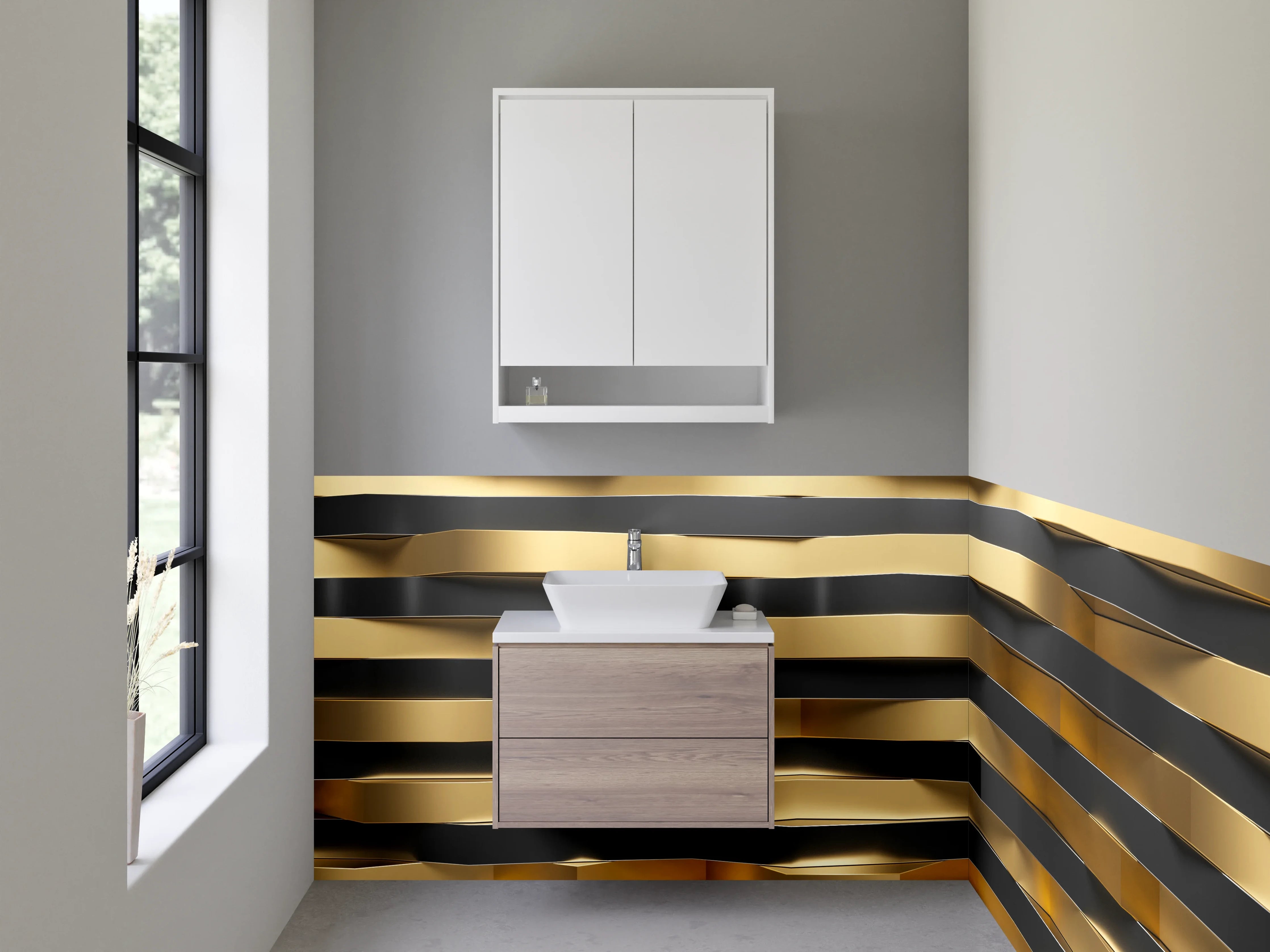 Waschbecken-Rückwand - Goldene 3D-Wellen Metall-Optik Wanddekor