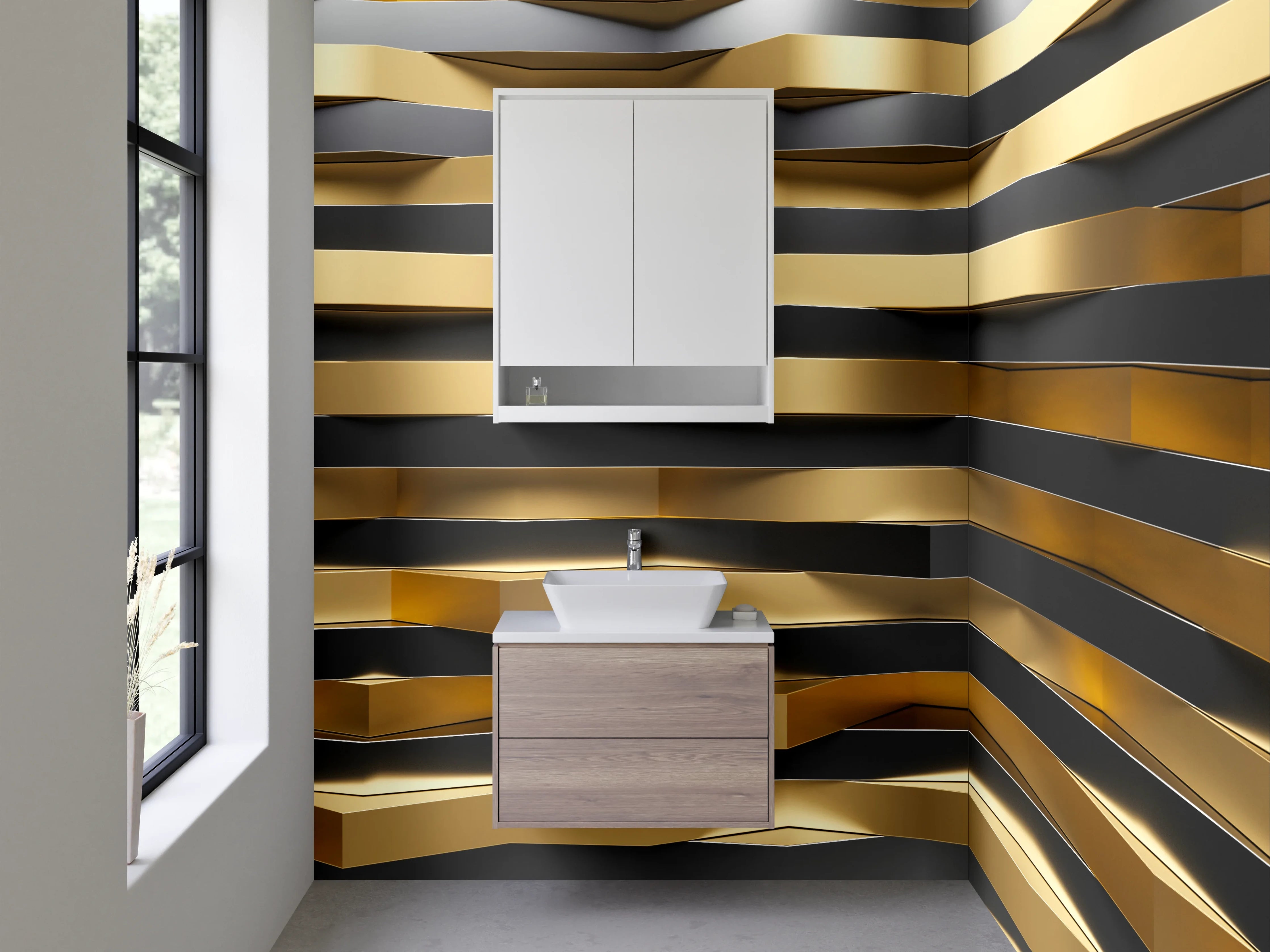 Waschbecken-Rückwand - Goldene 3D-Wellen Metall-Optik Wanddekor