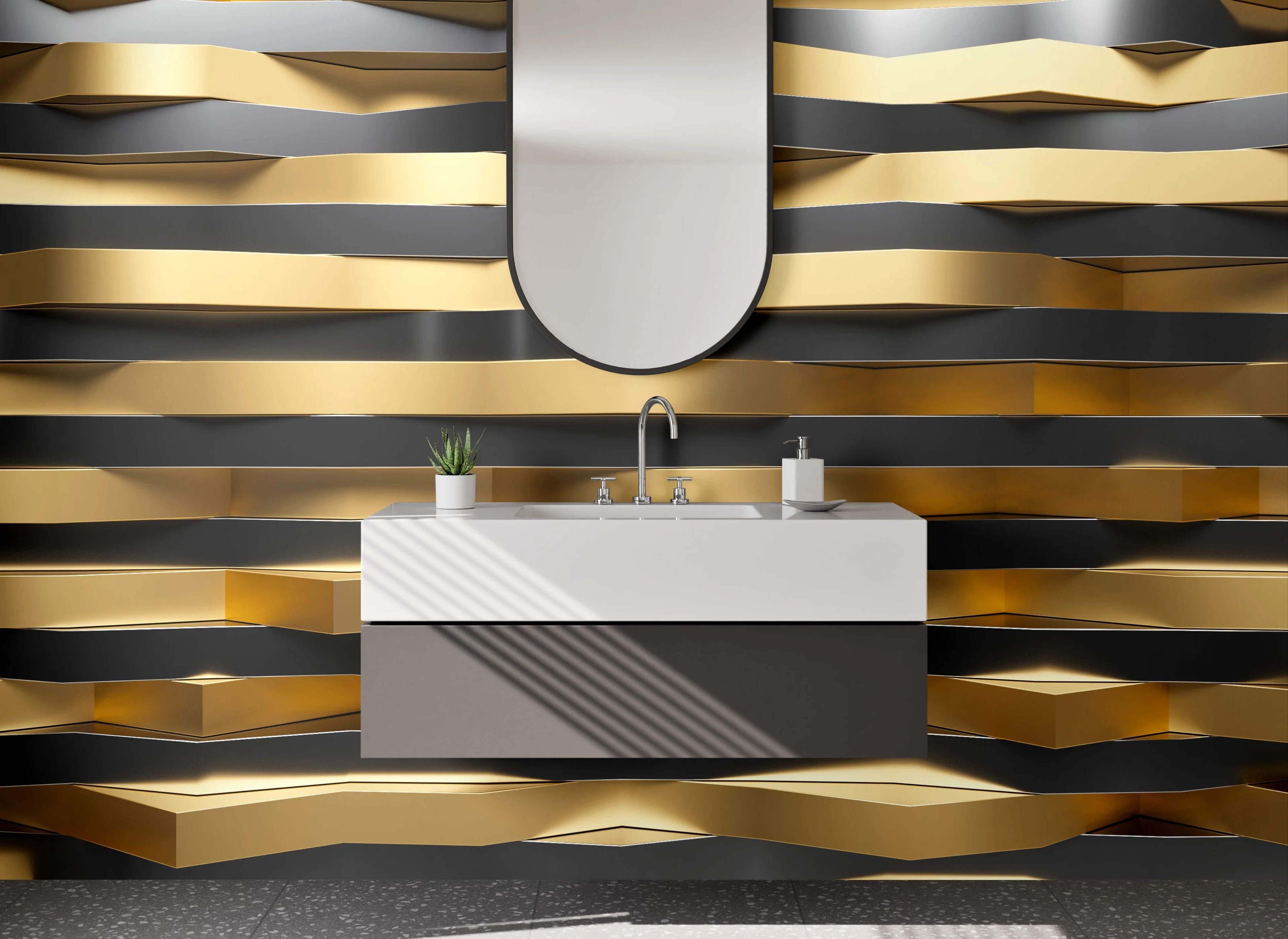 Waschbecken-Rückwand - Goldene 3D-Wellen Metall-Optik Wanddekor