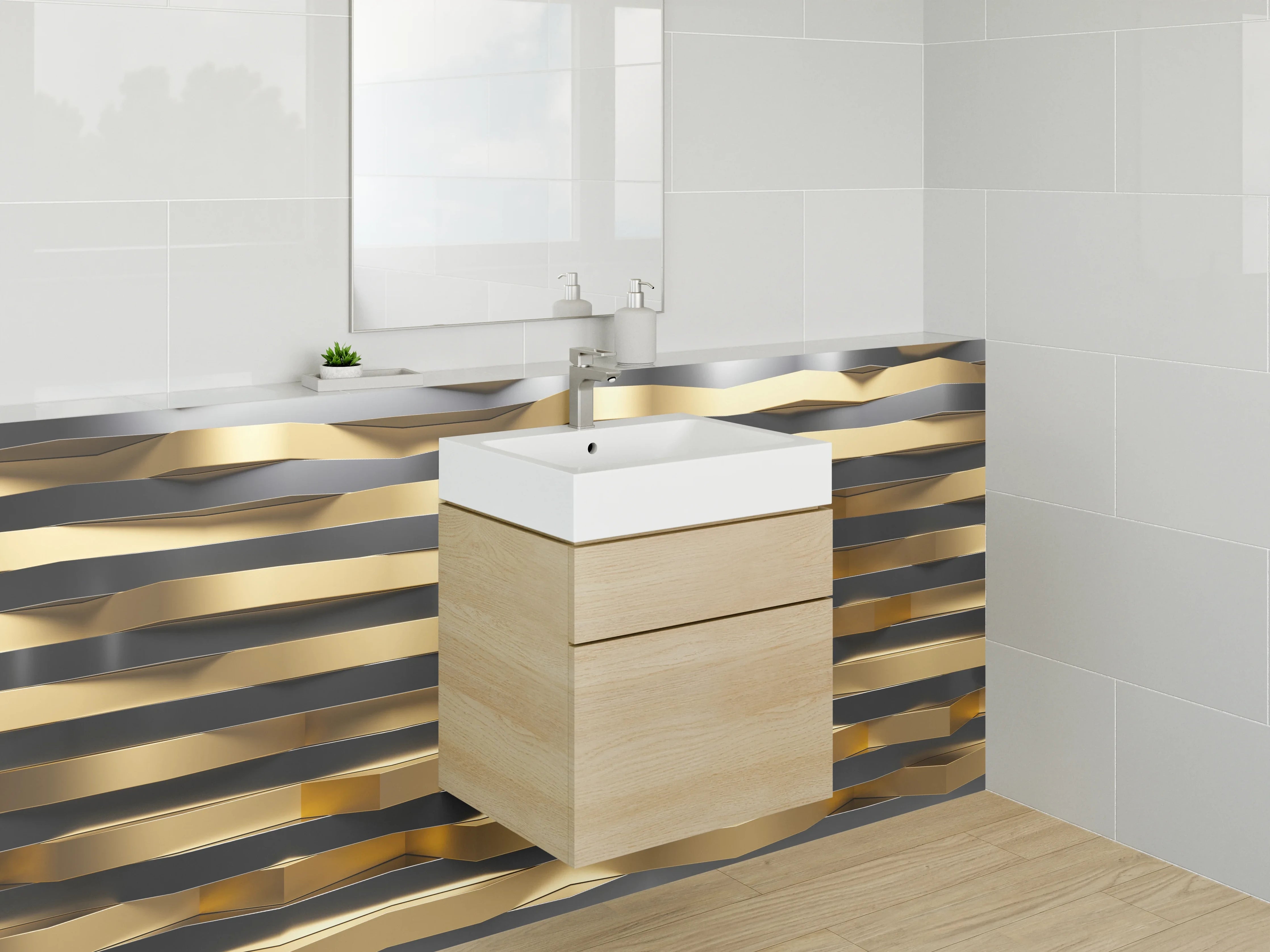 Waschbecken-Rückwand - Goldene 3D-Wellen Metall-Optik Wanddekor