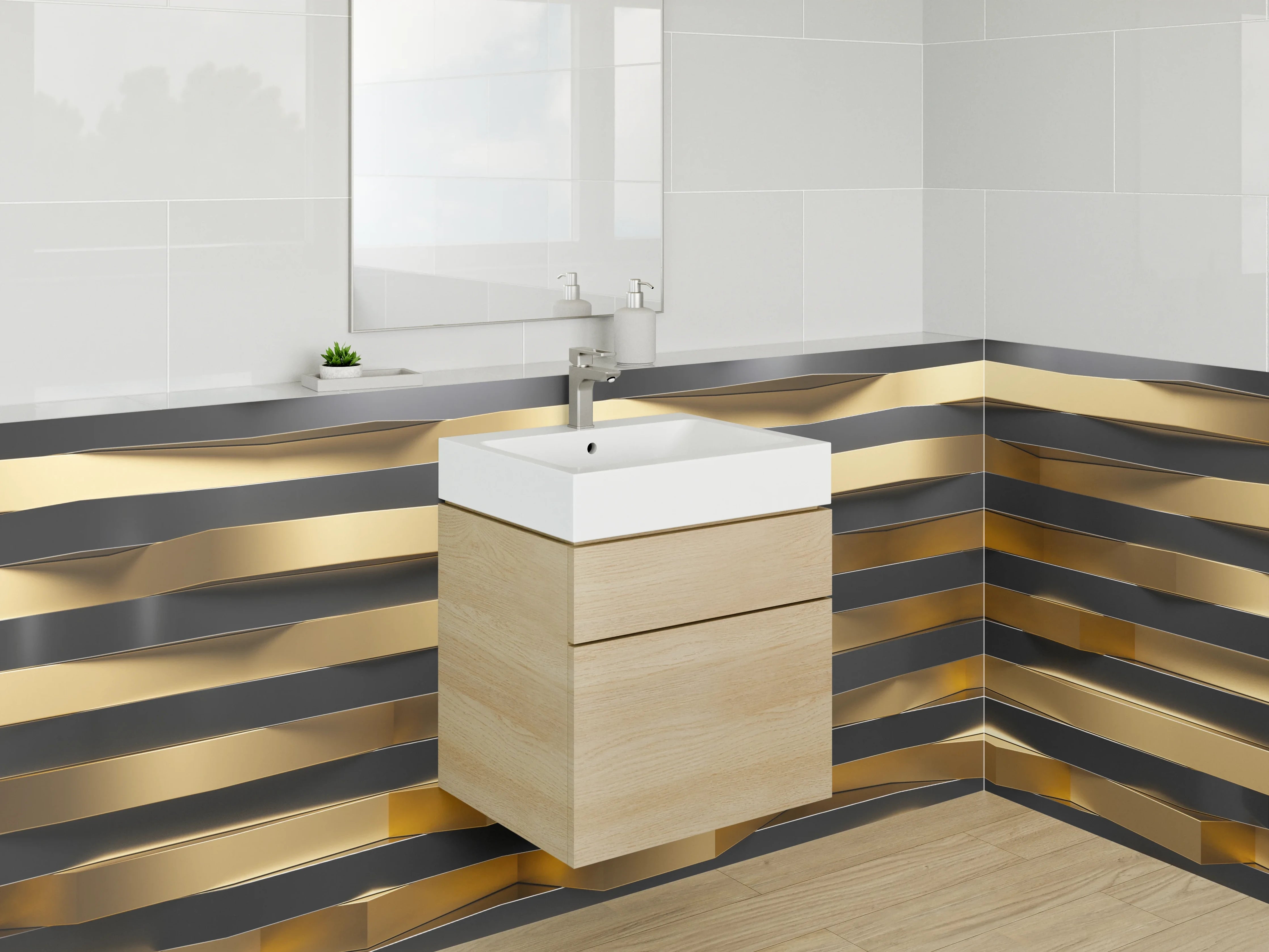 Waschbecken-Rückwand - Goldene 3D-Wellen Metall-Optik Wanddekor