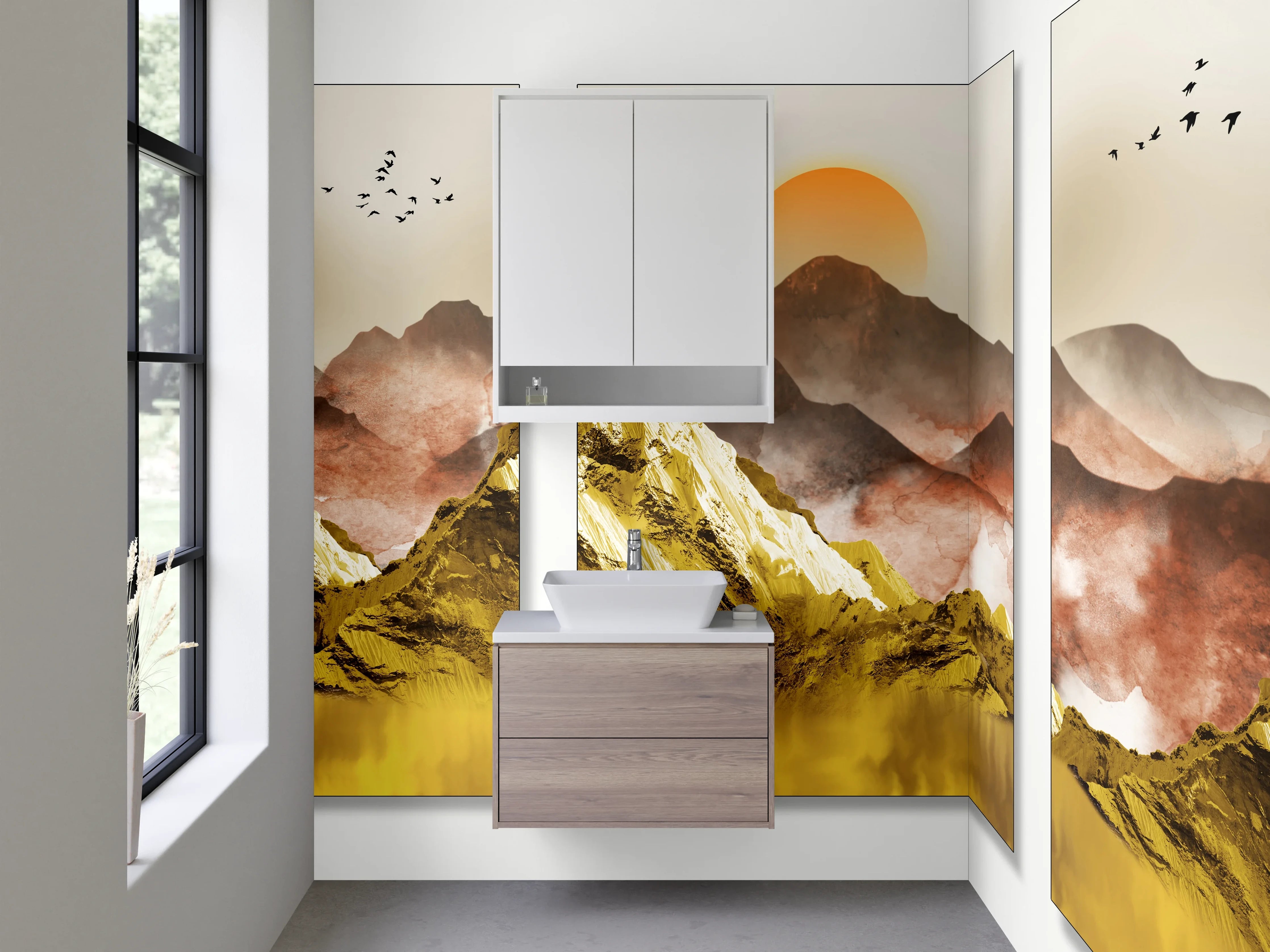 Waschbecken-Rückwand - Goldene Berglandschaft Sonnenaufgang Triptychon
