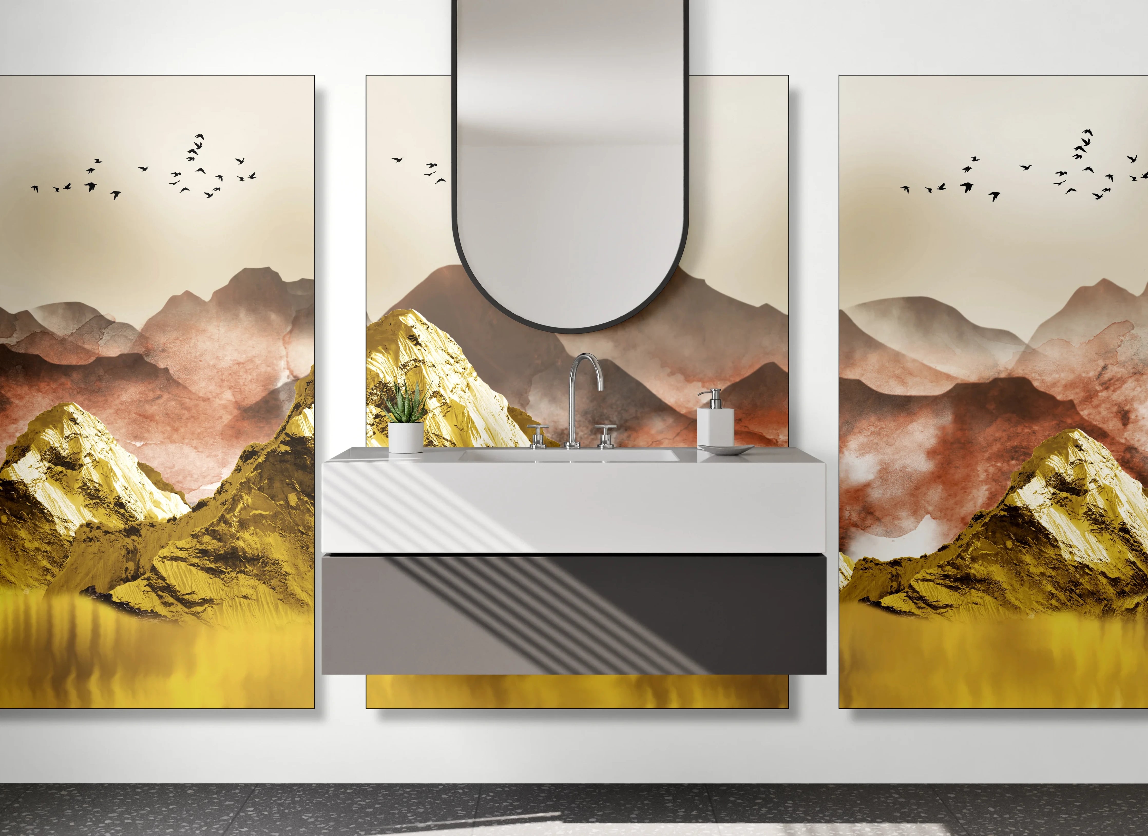 Waschbecken-Rückwand - Goldene Berglandschaft Sonnenaufgang Triptychon
