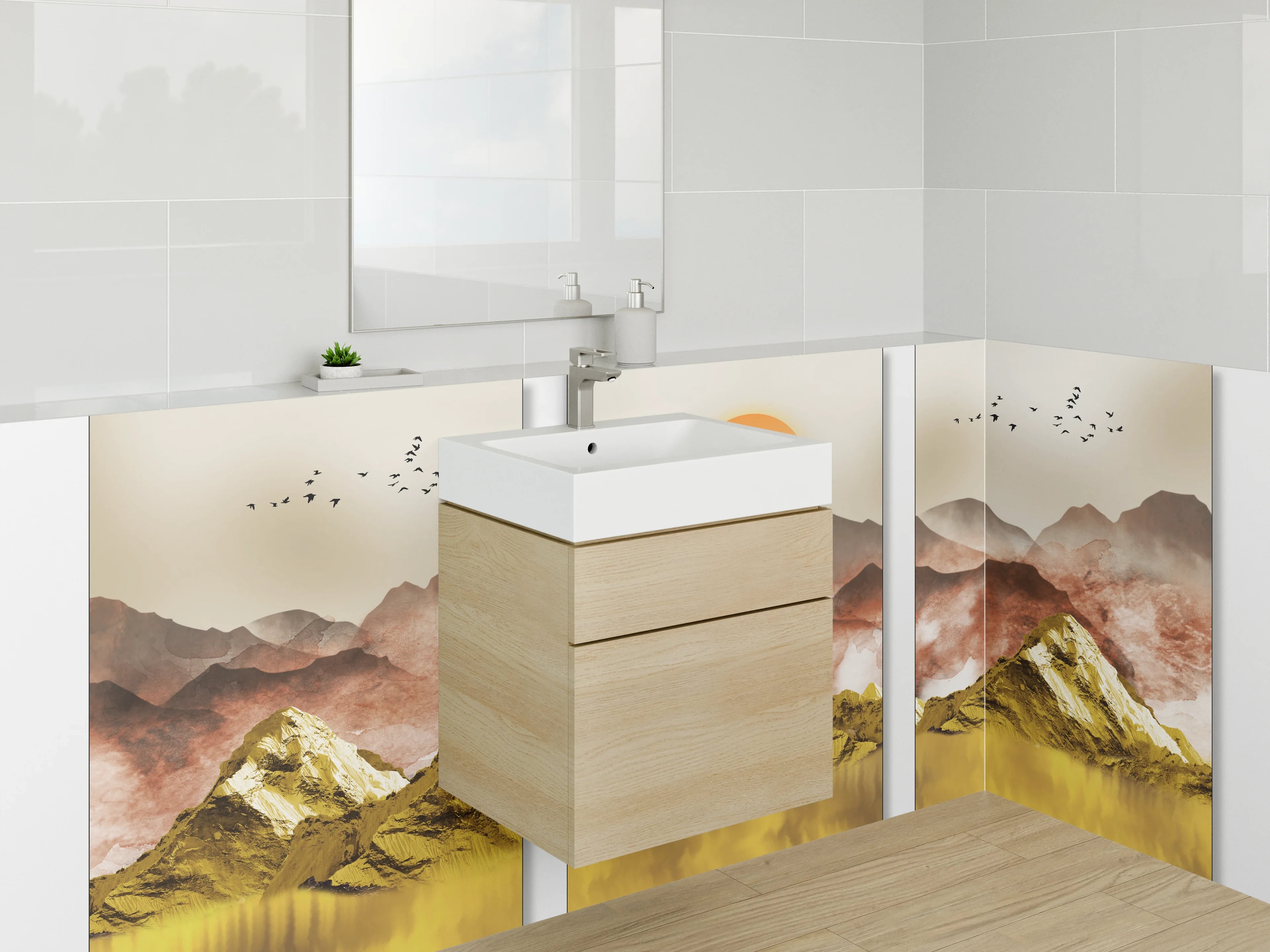 Waschbecken-Rückwand - Goldene Berglandschaft Sonnenaufgang Triptychon