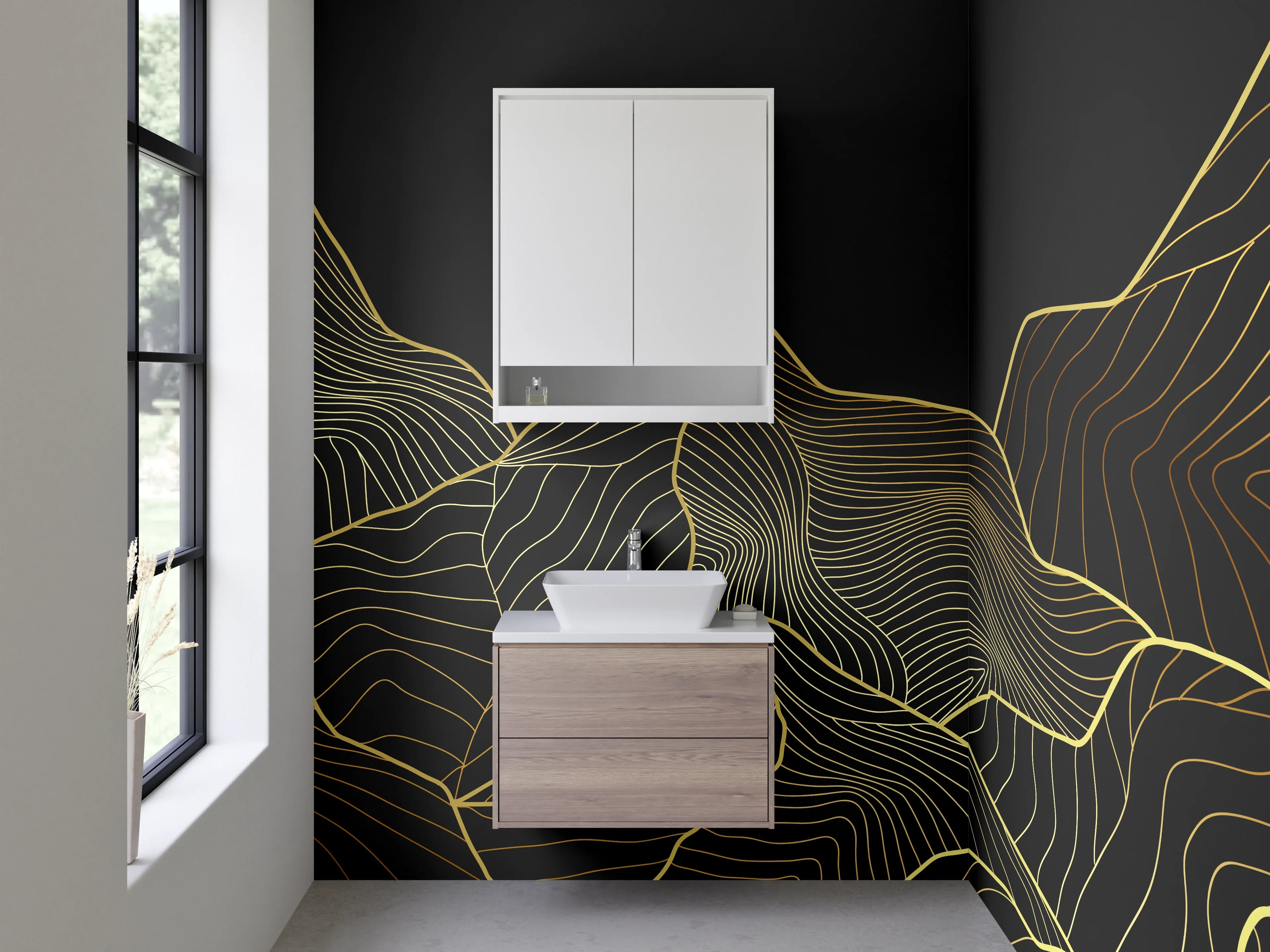 Waschbecken-Rückwand - Goldene Berglinien auf dunklem Hintergrund