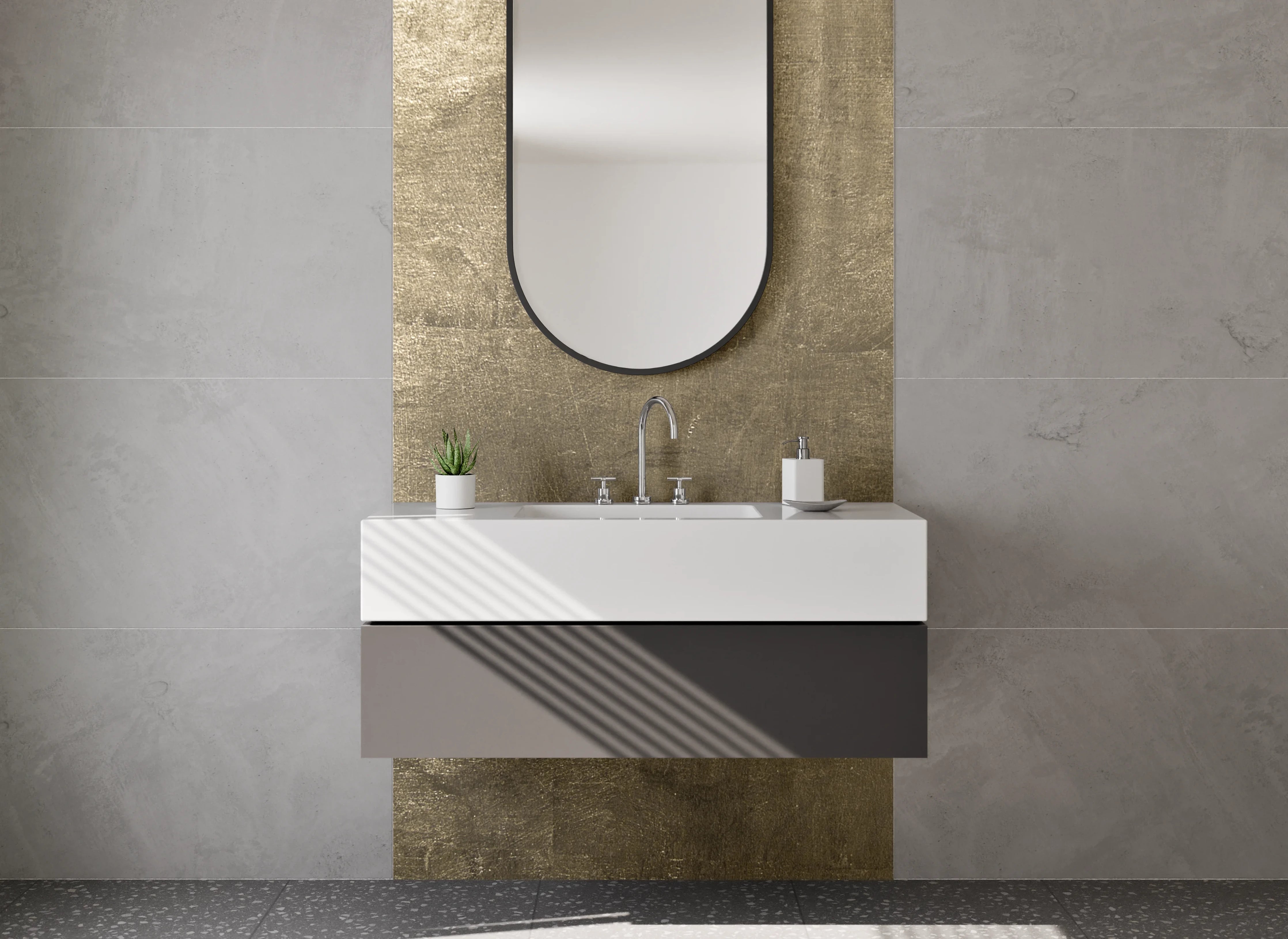 Waschbecken-Rückwand - Goldene Betonwand mit Metallic-Glanz