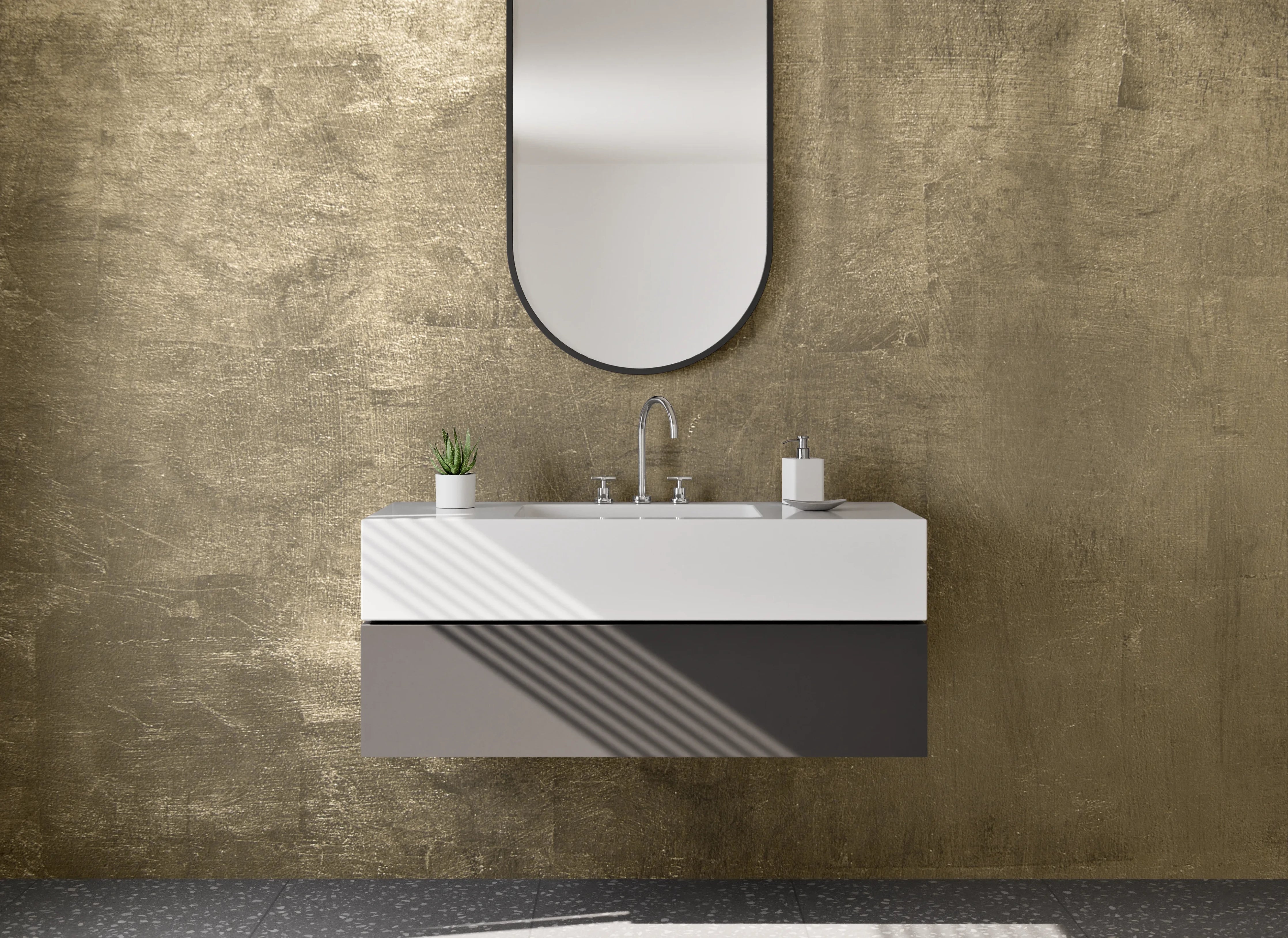Waschbecken-Rückwand - Goldene Betonwand mit Metallic-Glanz