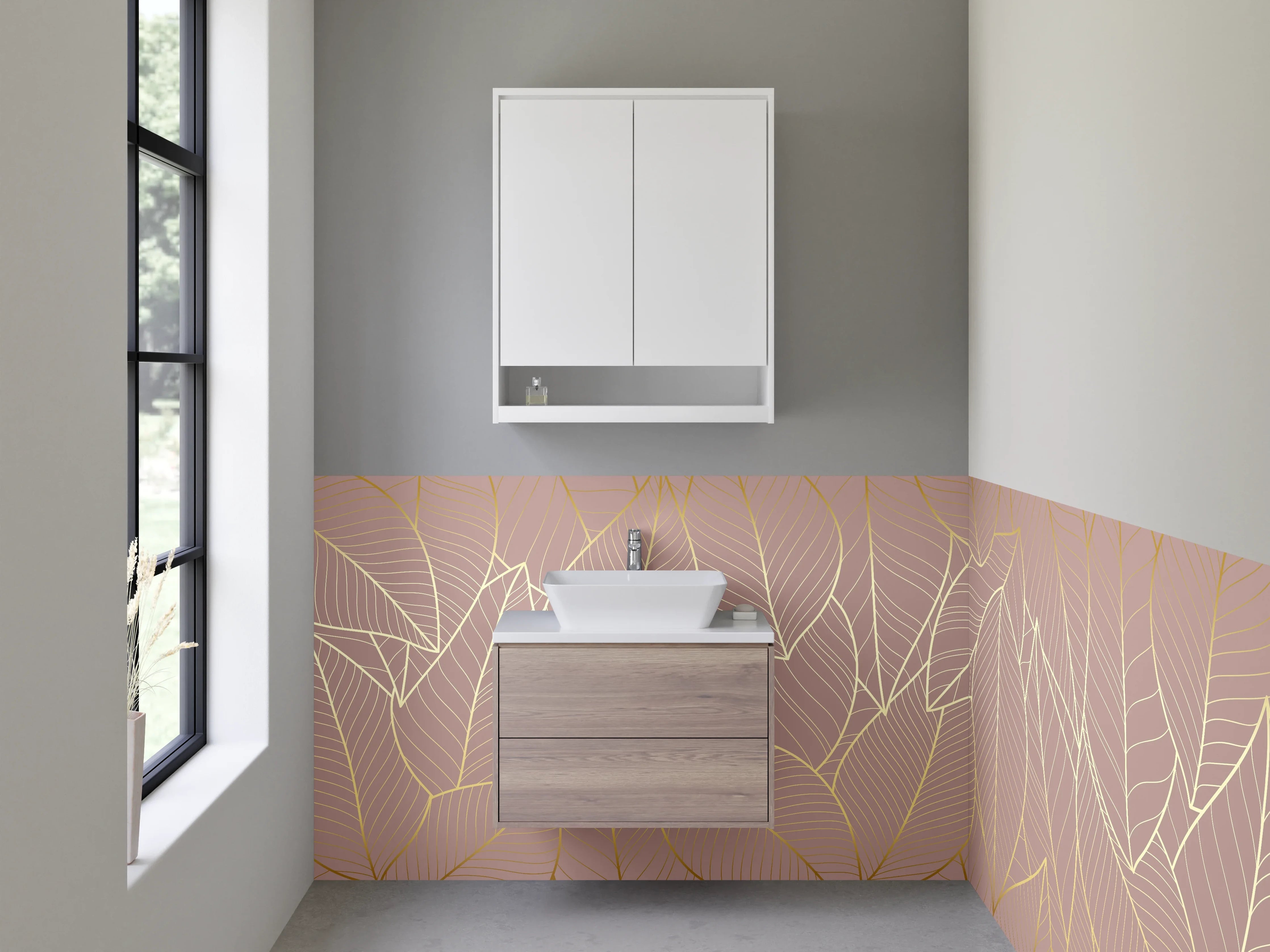 Waschbecken-Rückwand - Goldene Blätter Lineart auf Beige