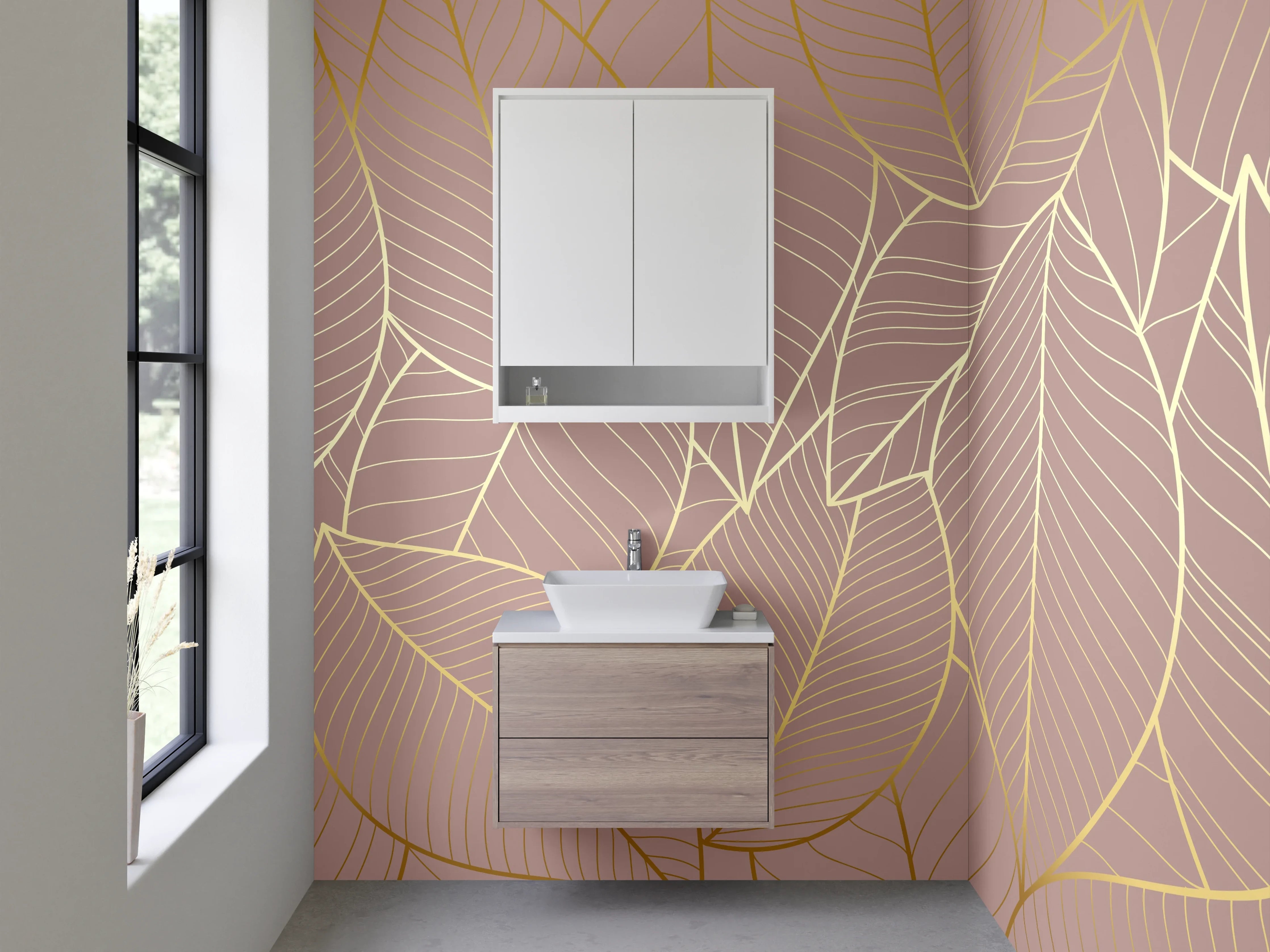 Waschbecken-Rückwand - Goldene Blätter Lineart auf Beige