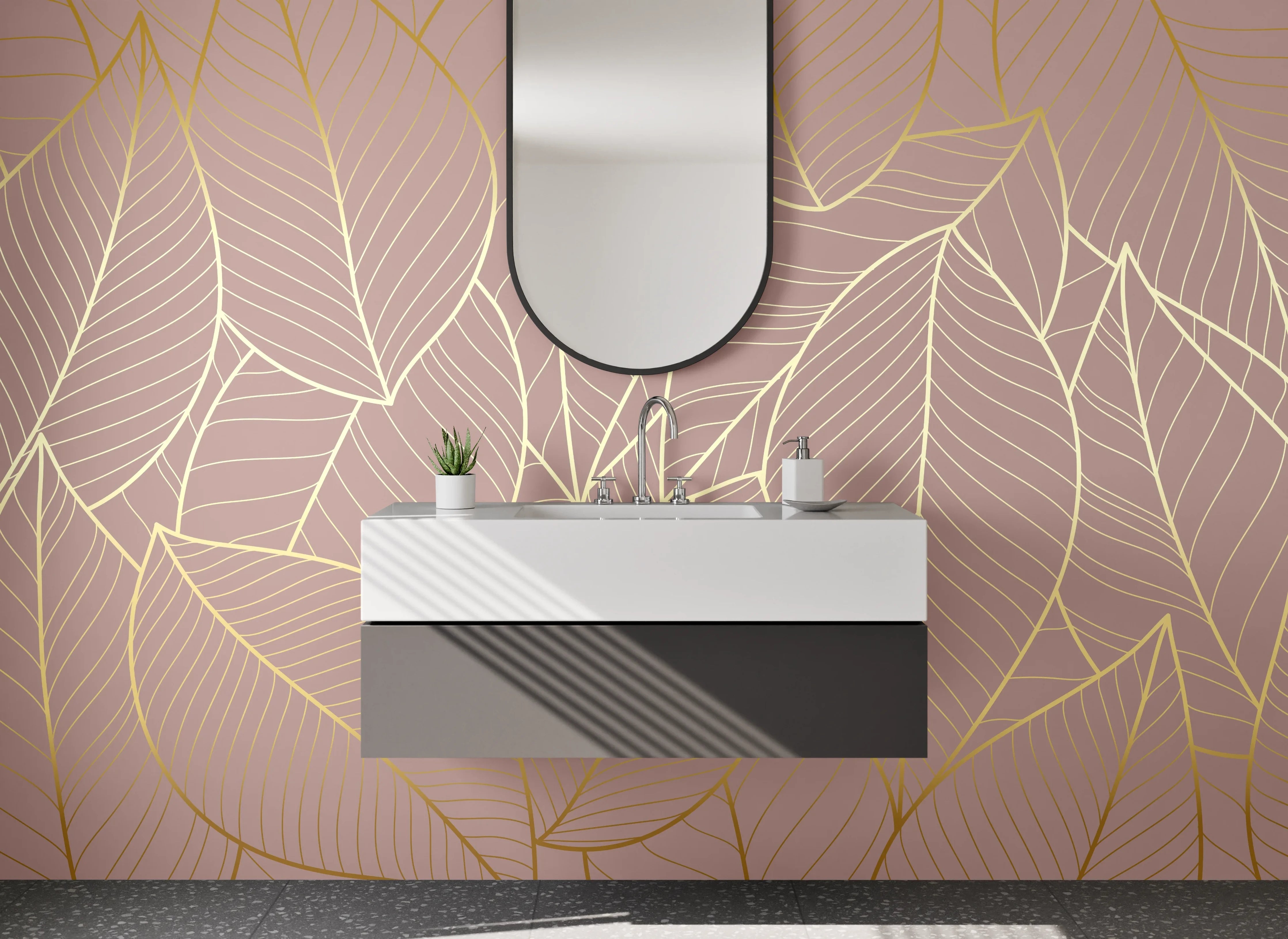 Waschbecken-Rückwand - Goldene Blätter Lineart auf Beige