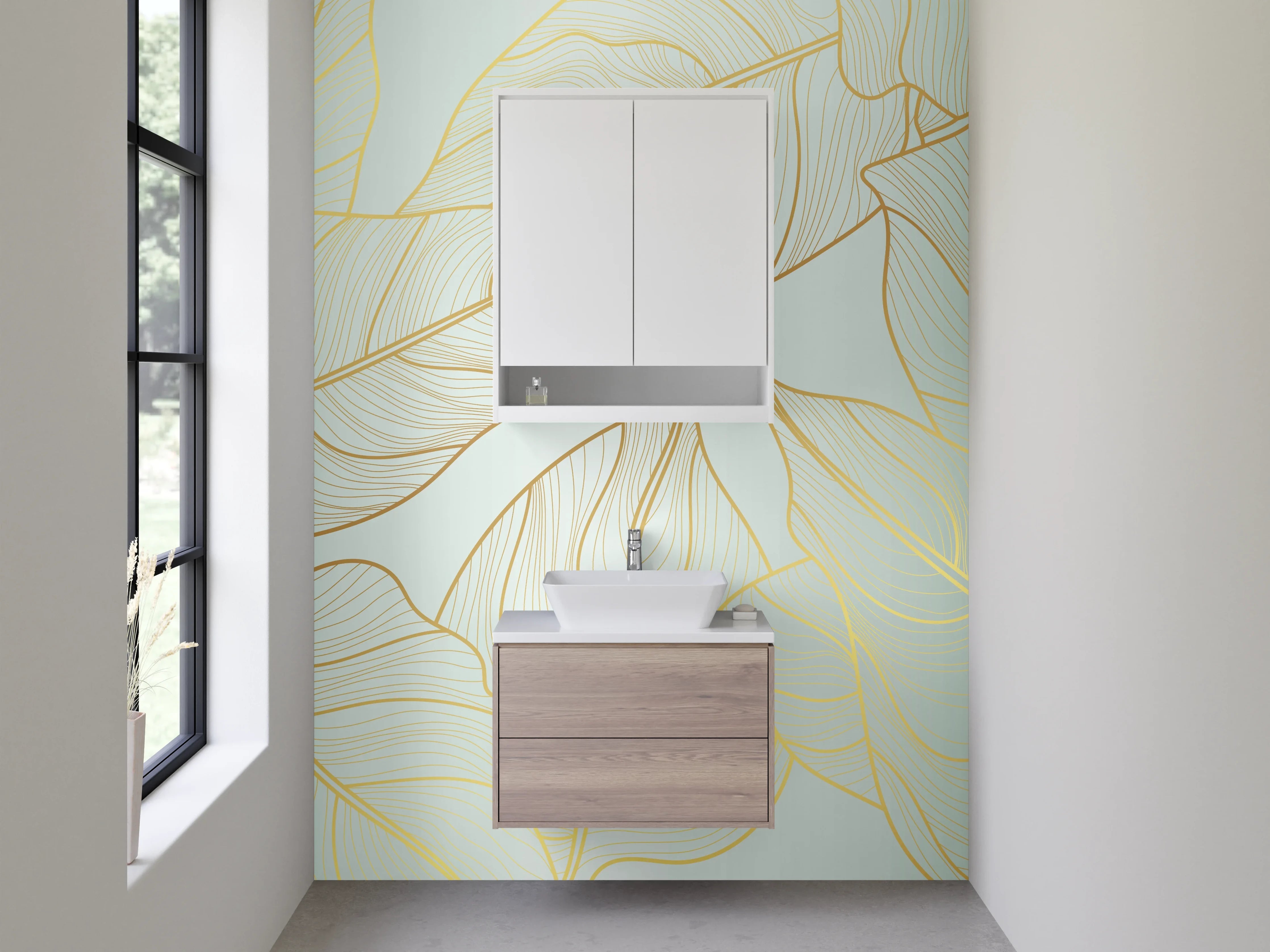 Waschbecken-Rückwand - Goldene Blätter Lineart auf Grün