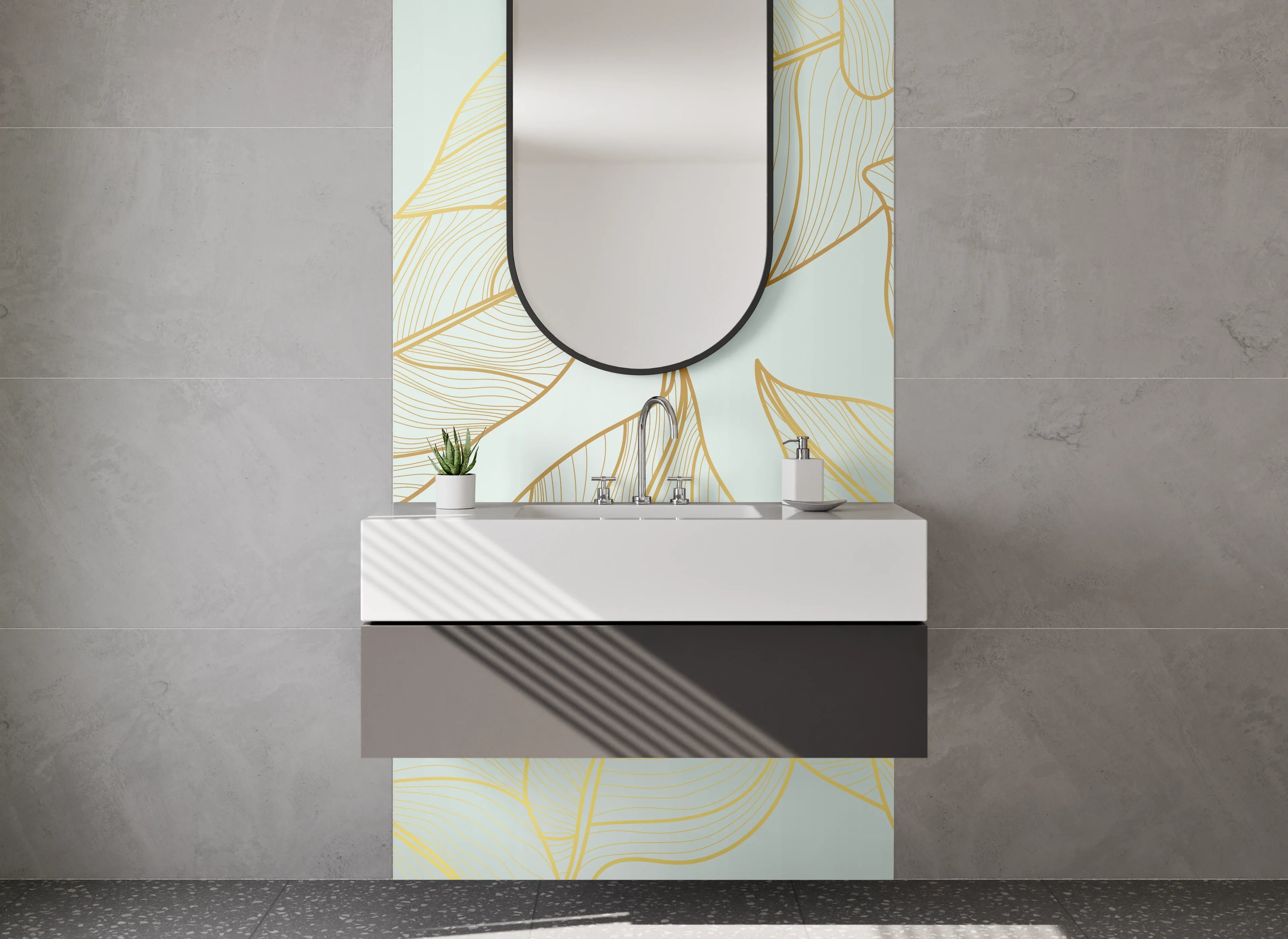 Waschbecken-Rückwand - Goldene Blätter Lineart auf Grün