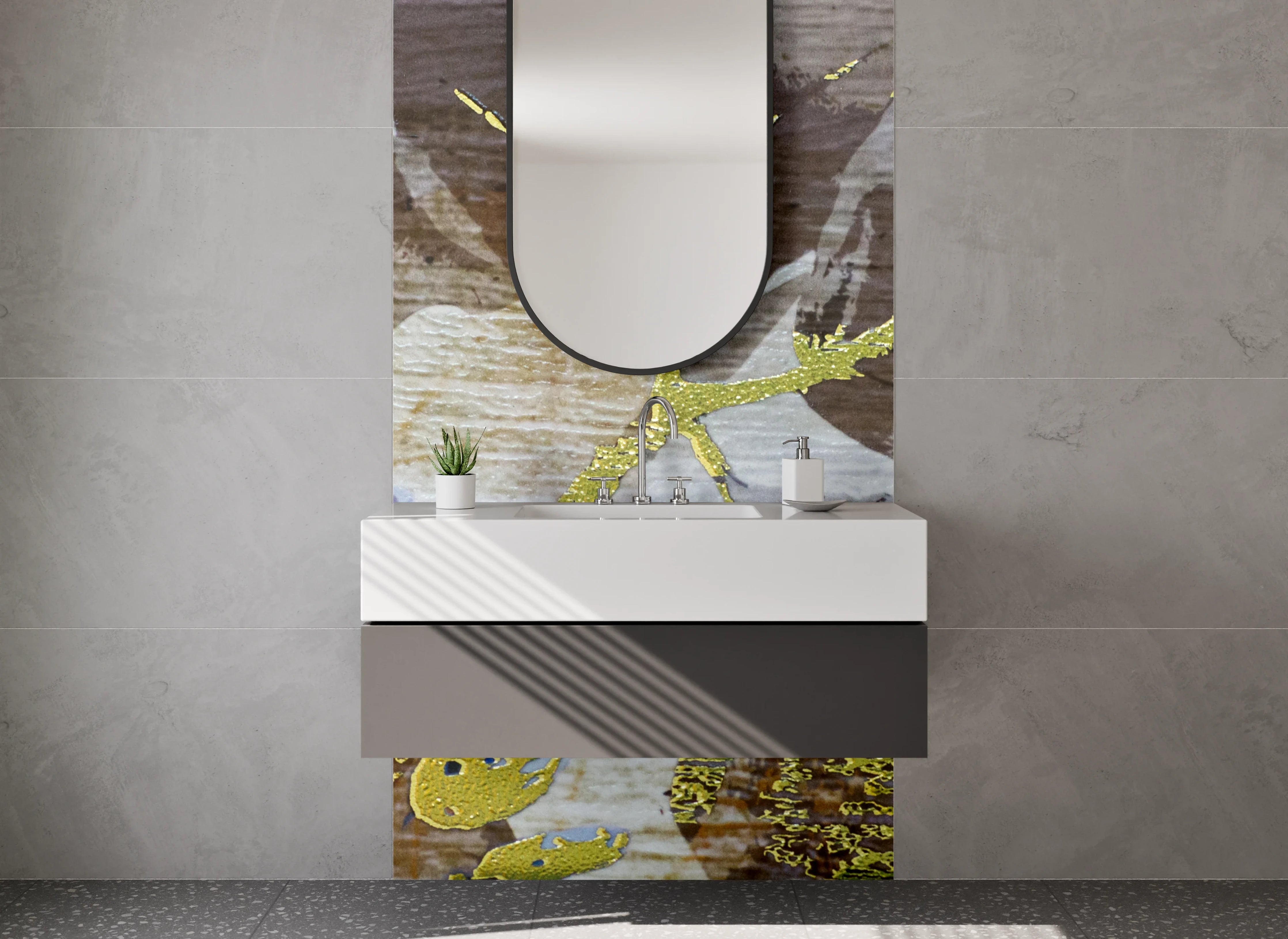 Waschbecken-Rückwand - Goldene Blätter auf Naturholz