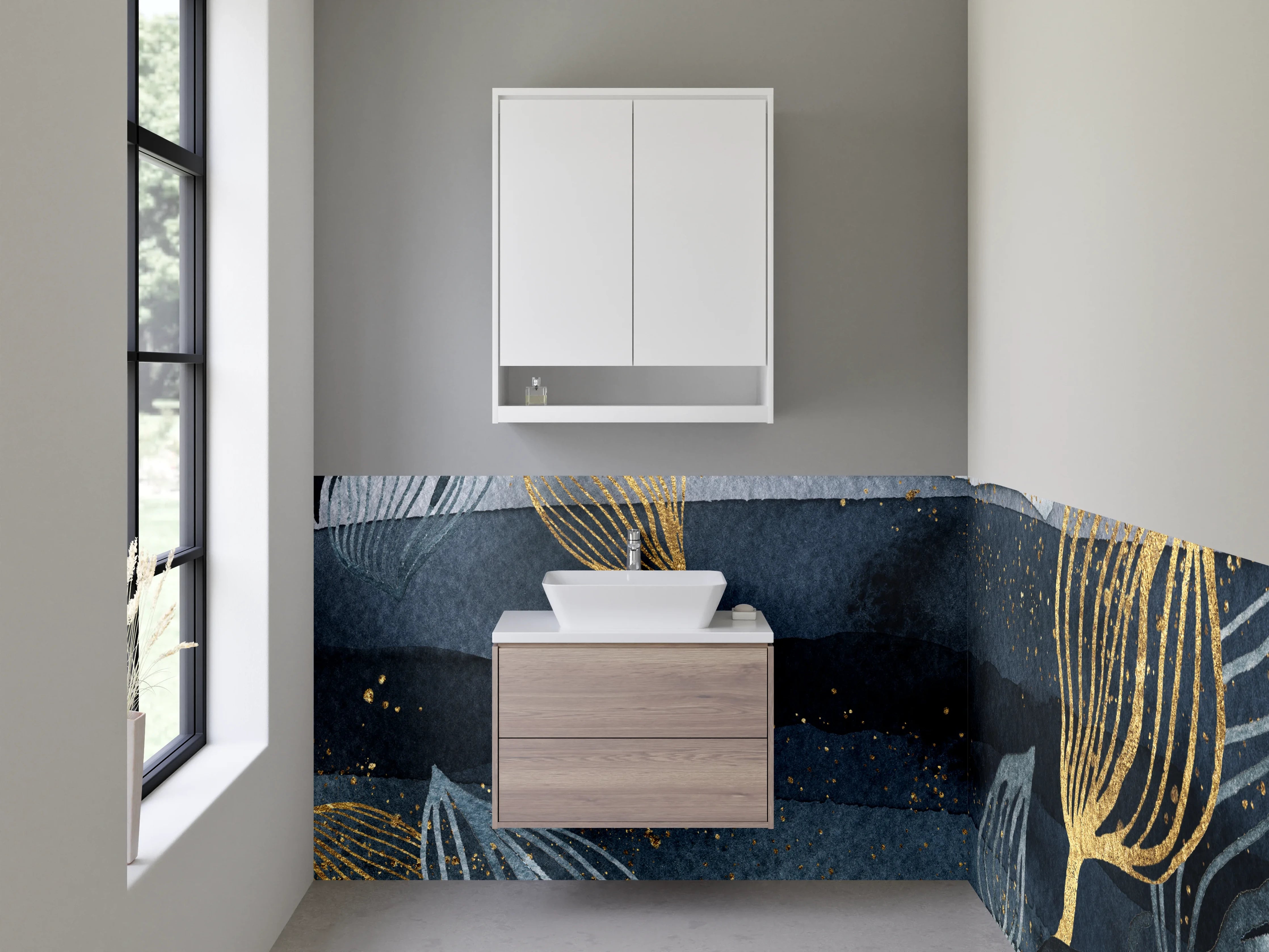 Waschbecken-Rückwand - Goldene Blätter auf blauer Wasserfarbe-Hintergrund