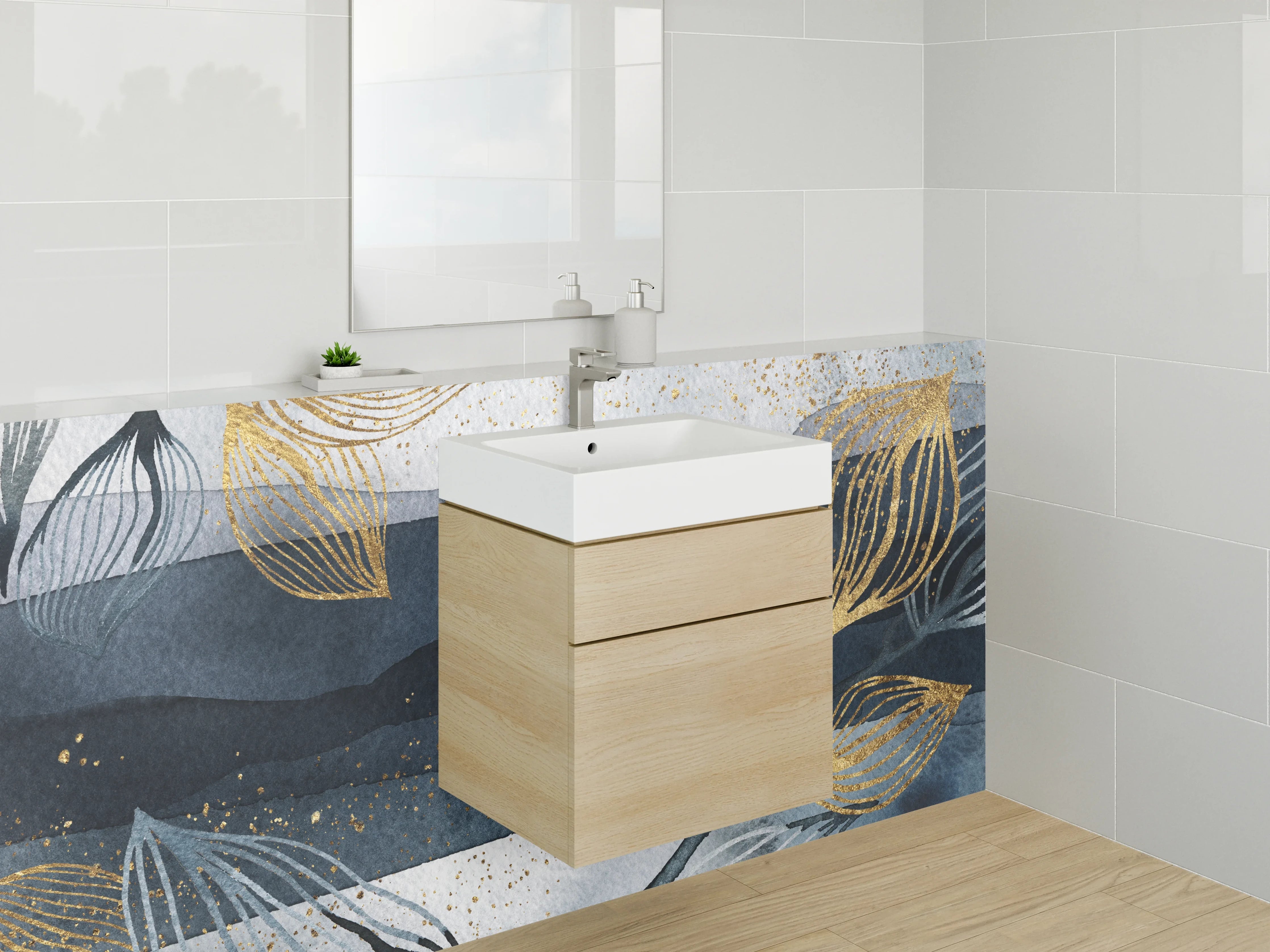 Waschbecken-Rückwand - Goldene Blätter auf blauer Wasserfarbe-Hintergrund