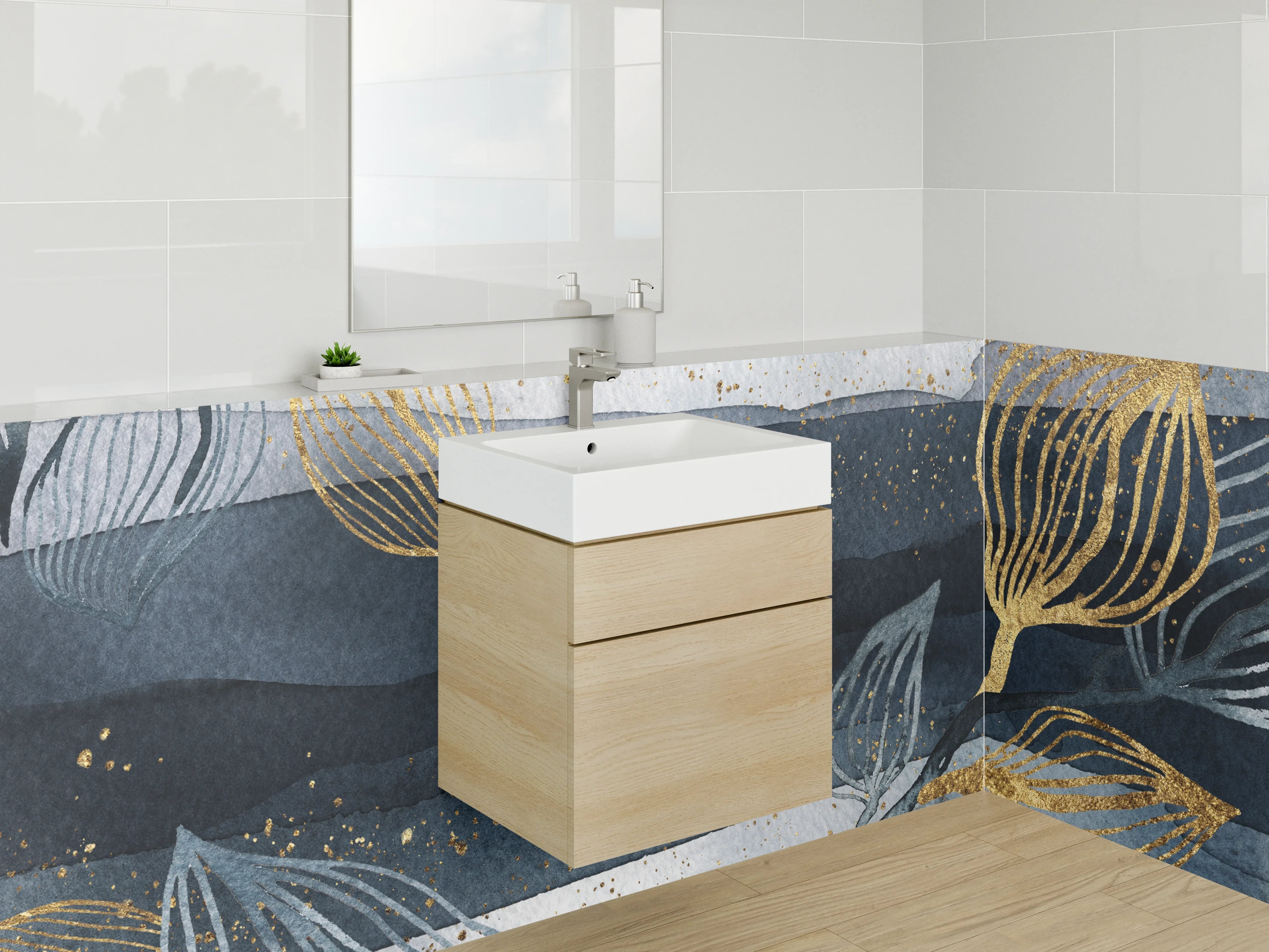 Waschbecken-Rückwand - Goldene Blätter auf blauer Wasserfarbe-Hintergrund