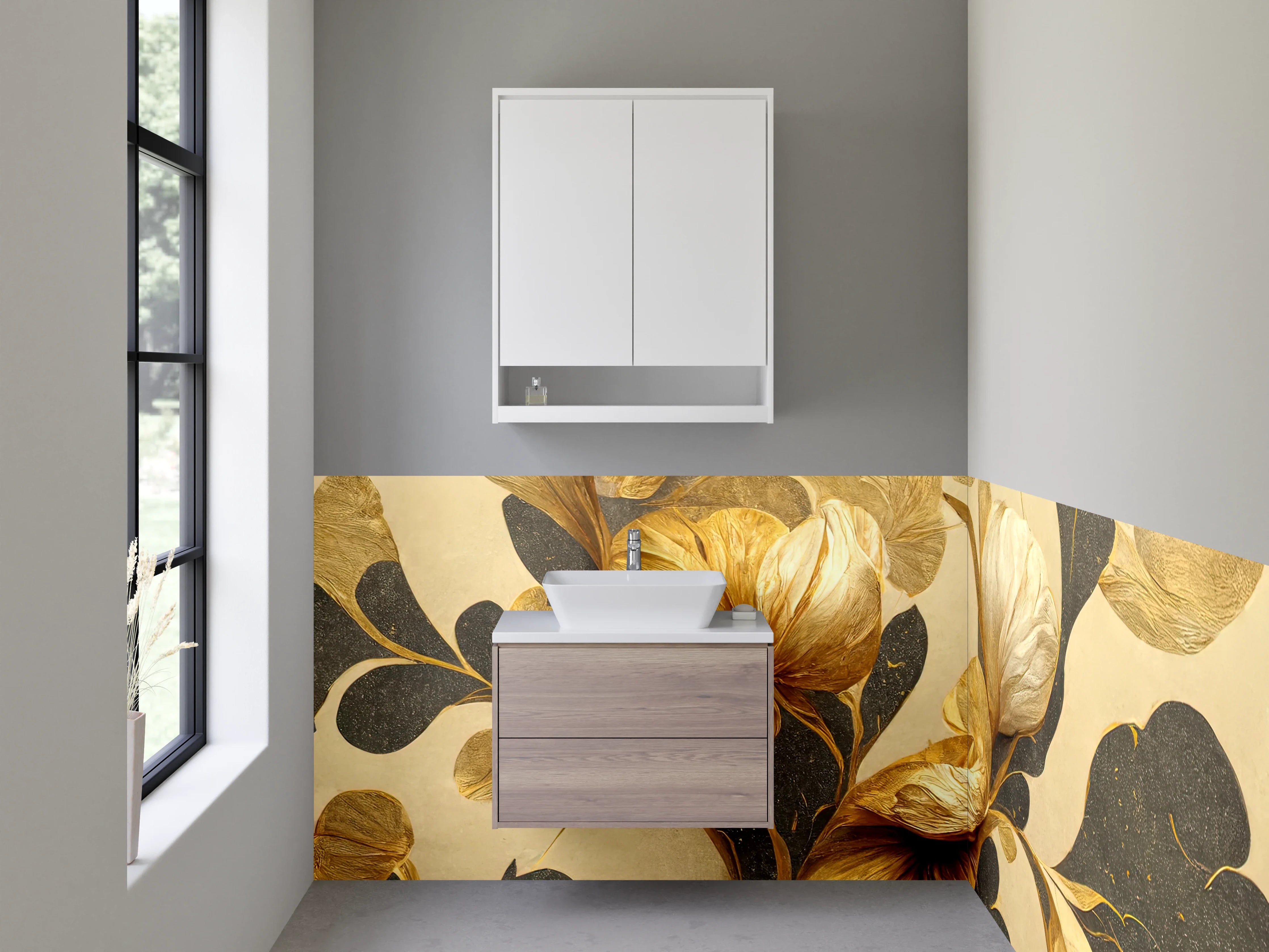 Waschbecken-Rückwand - Goldene Blumen Illustration modern