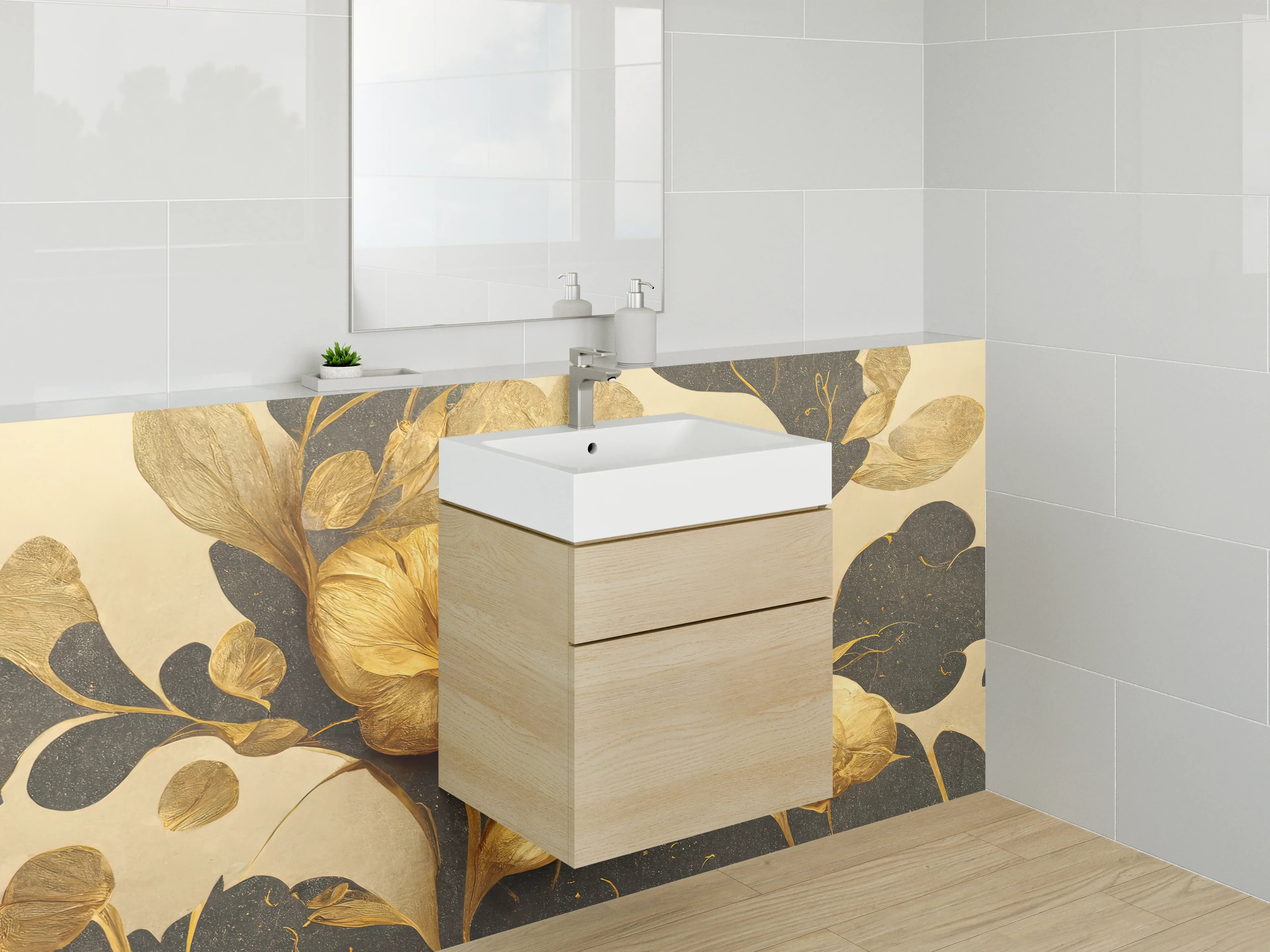 Waschbecken-Rückwand - Goldene Blumen Illustration modern