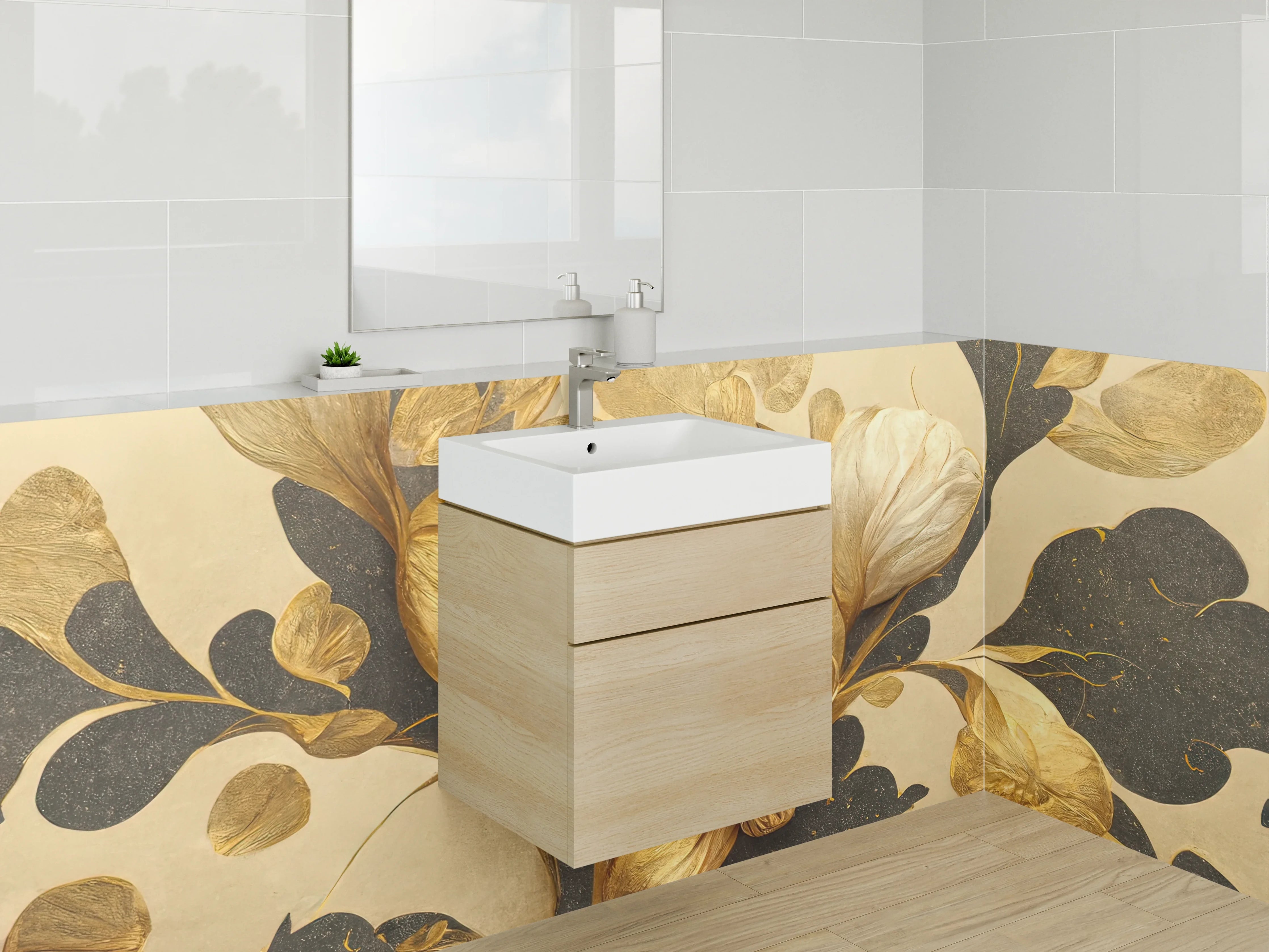 Waschbecken-Rückwand - Goldene Blumen Illustration modern