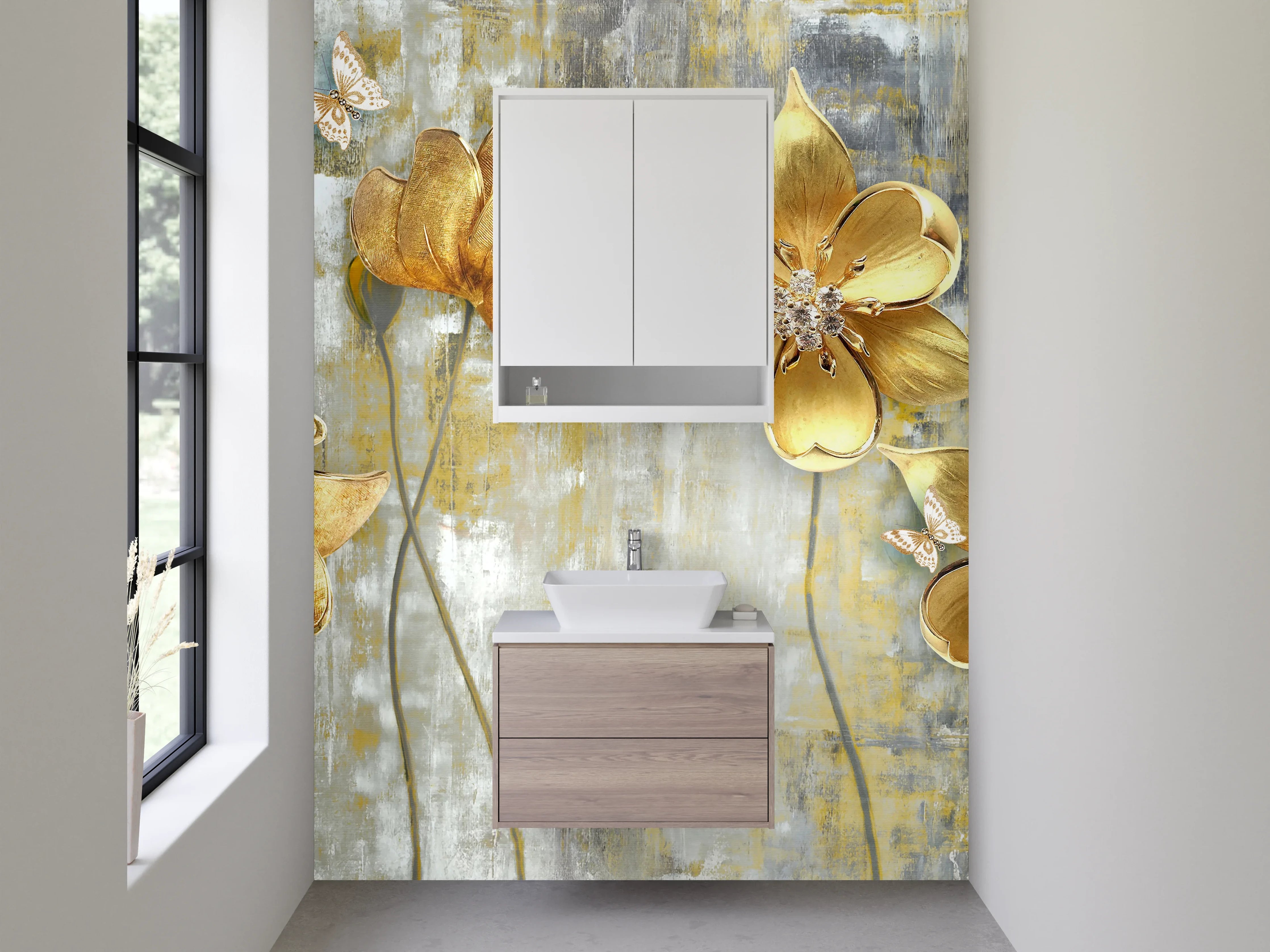 Waschbecken-Rückwand - Goldene Blumen Kunst auf Marmor