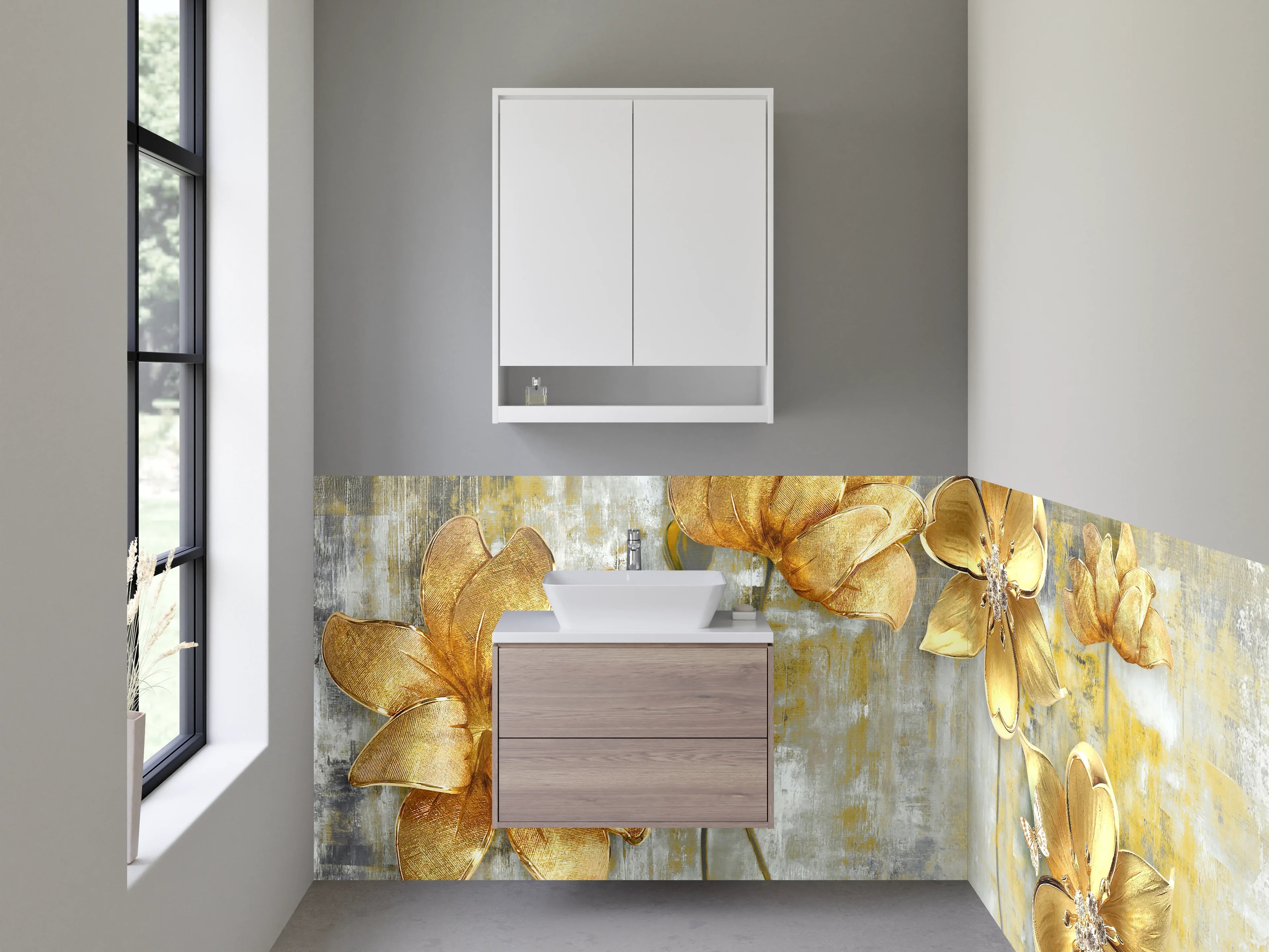 Waschbecken-Rückwand - Goldene Blumen Kunst auf Marmor