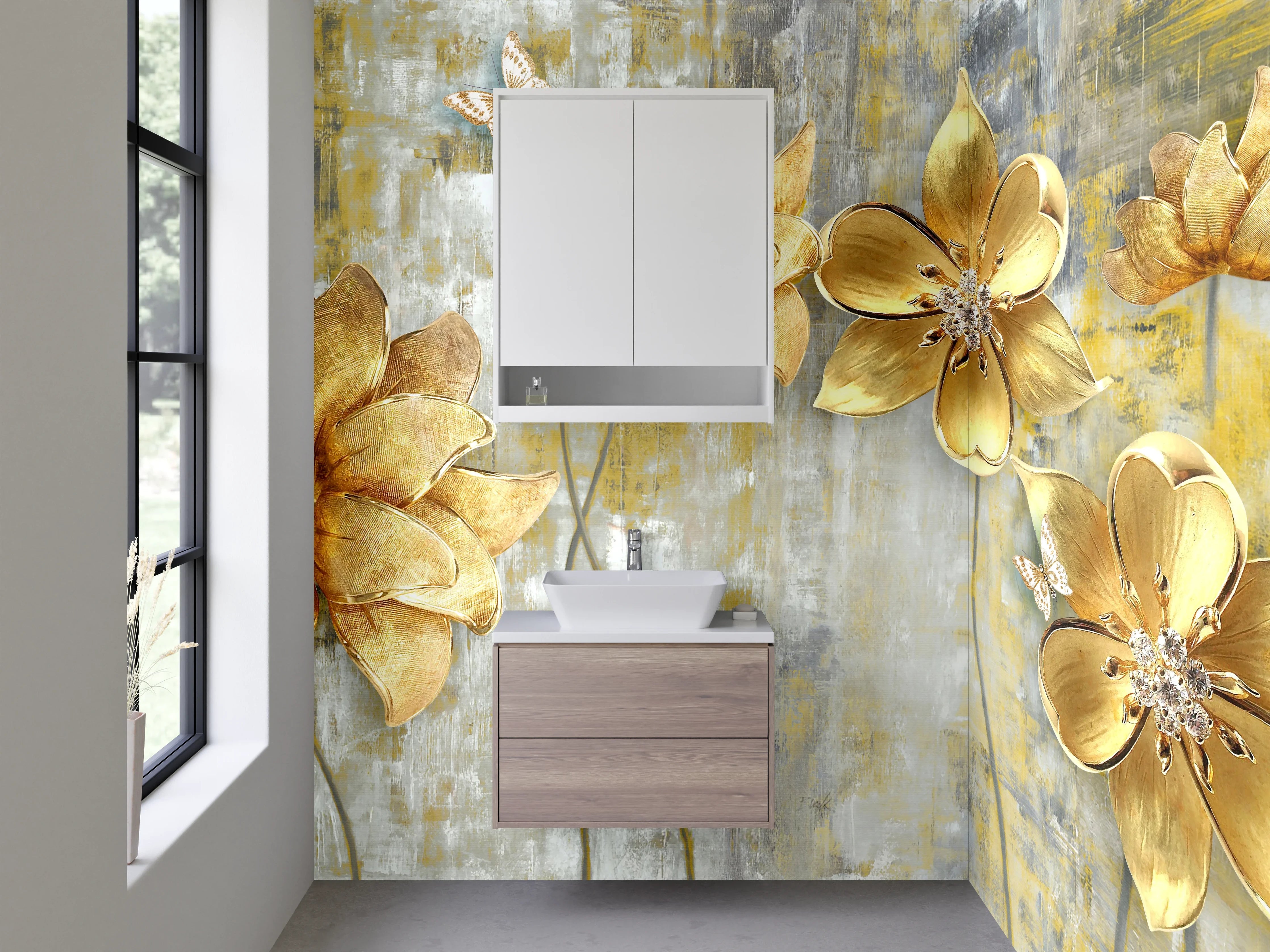 Waschbecken-Rückwand - Goldene Blumen Kunst auf Marmor