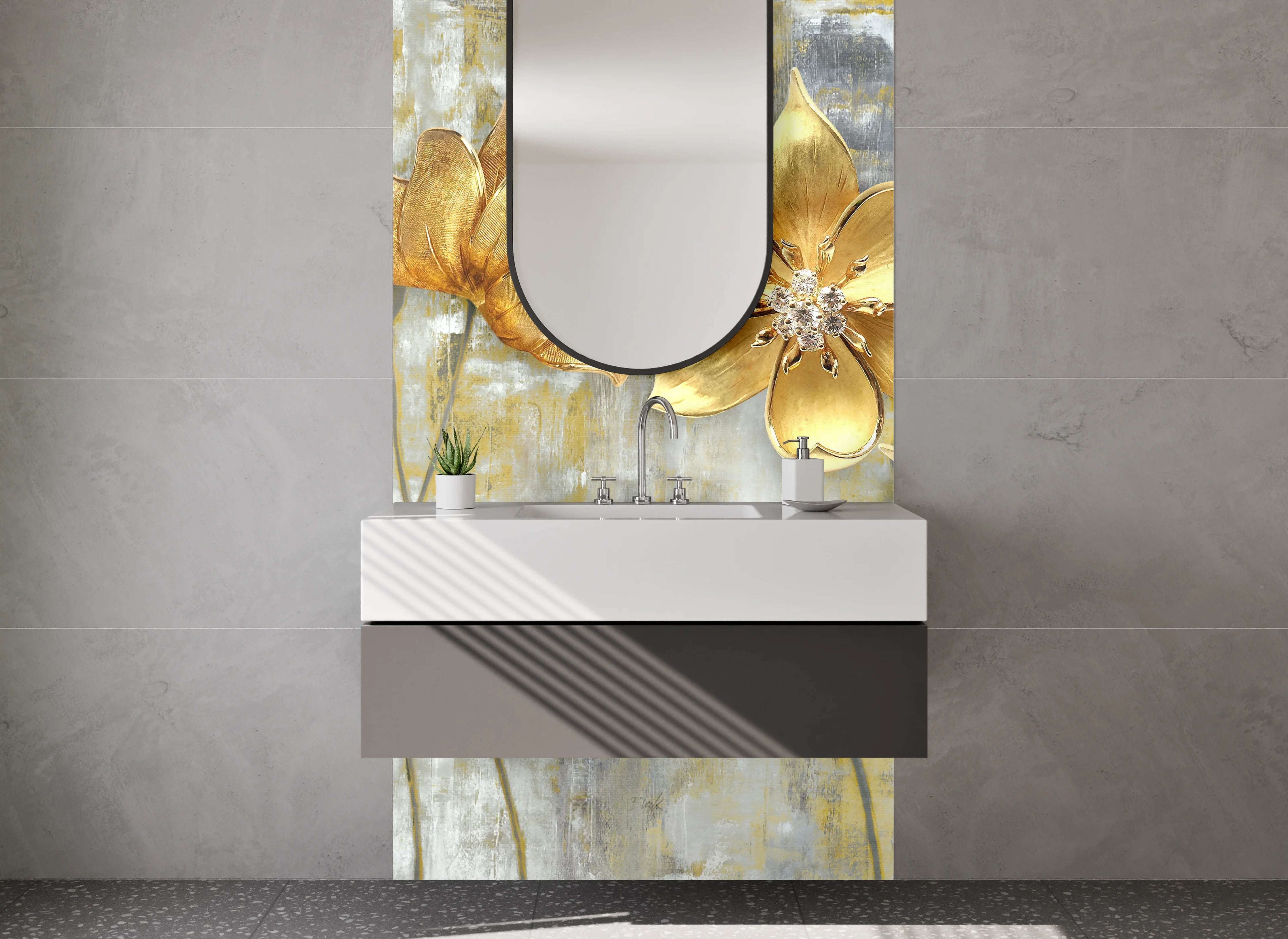 Waschbecken-Rückwand - Goldene Blumen Kunst auf Marmor
