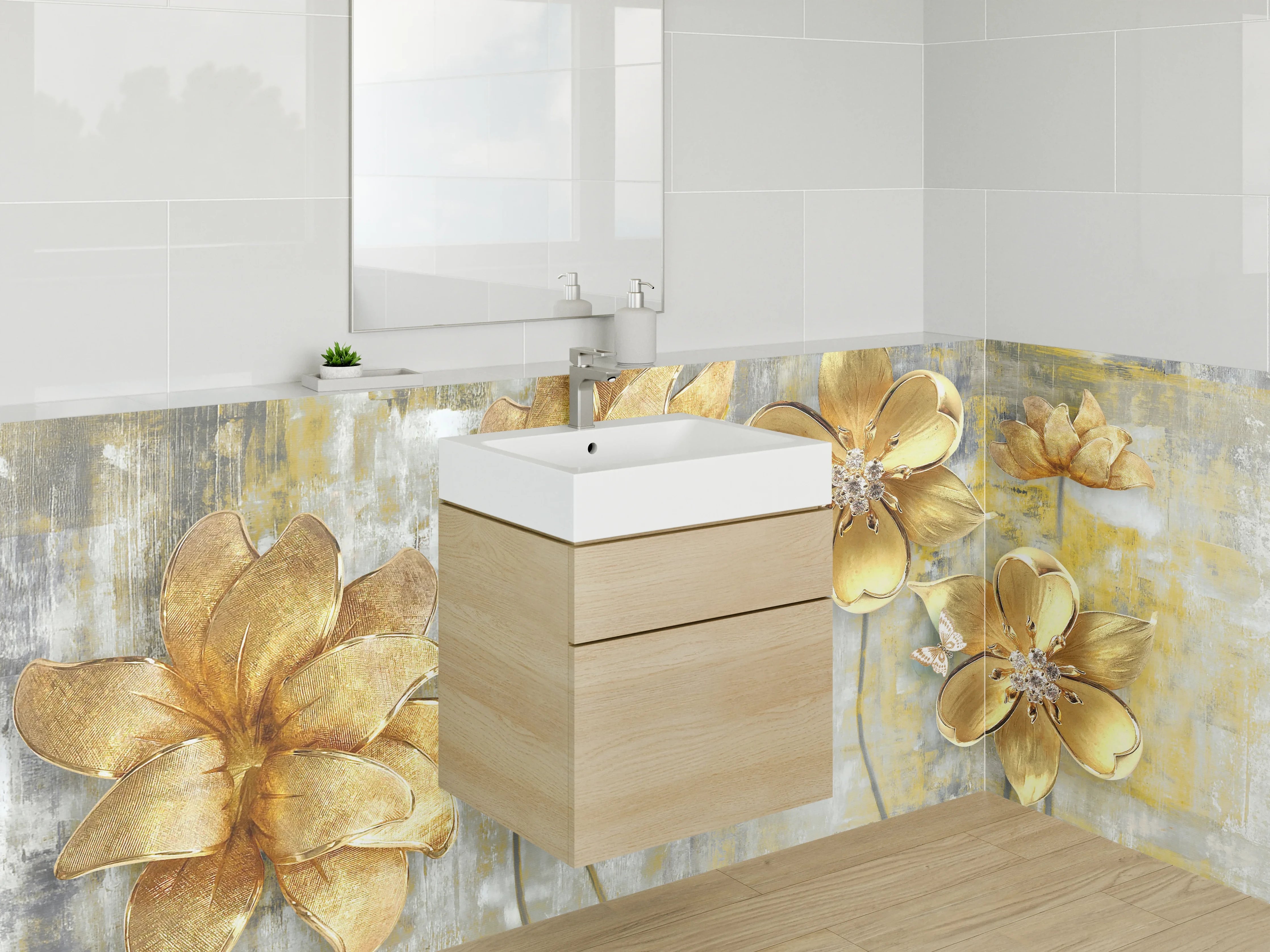 Waschbecken-Rückwand - Goldene Blumen Kunst auf Marmor