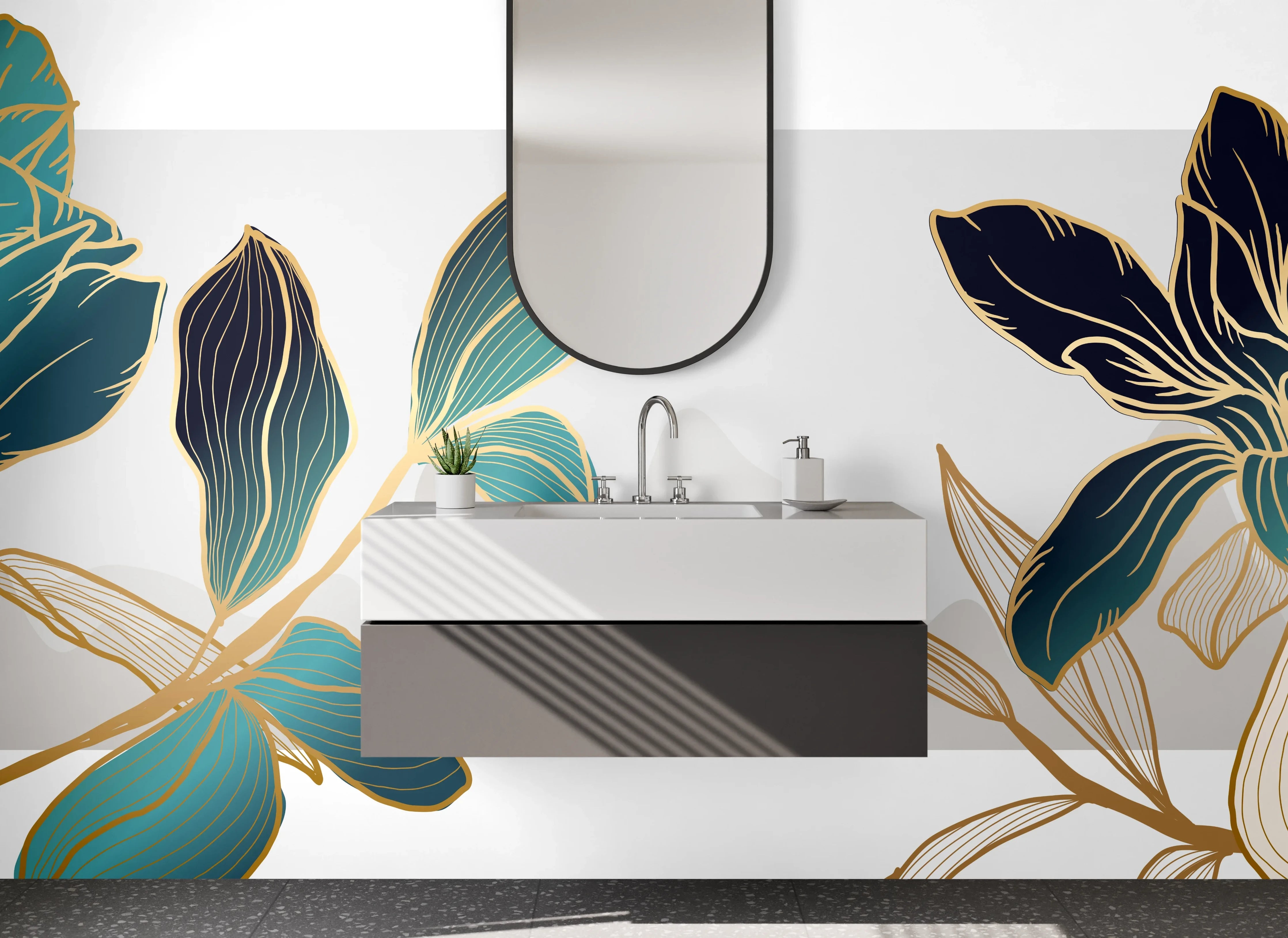 Waschbecken-Rückwand - Goldene Blumen Lineart Eleganz