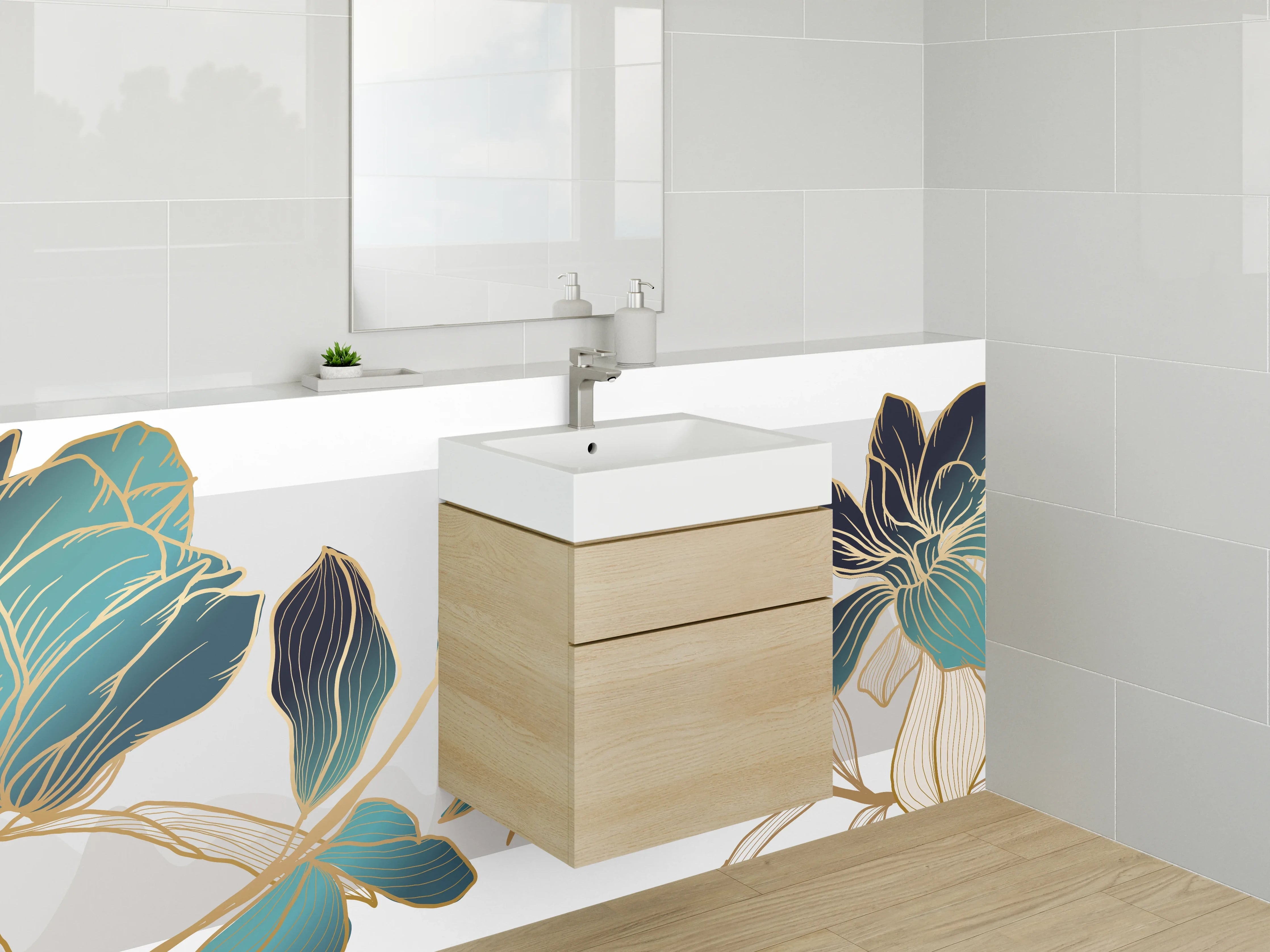 Waschbecken-Rückwand - Goldene Blumen Lineart Eleganz