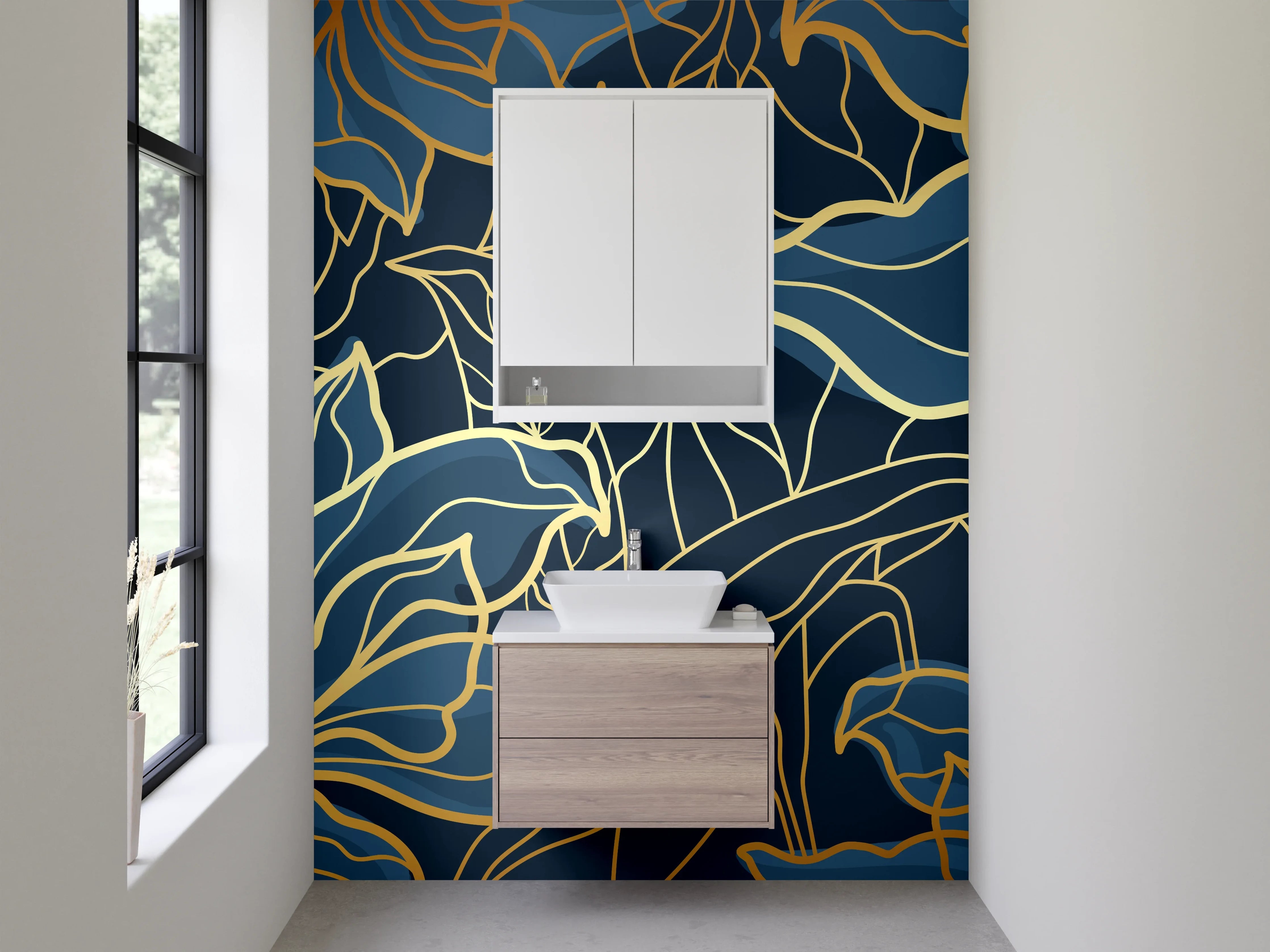 Waschbecken-Rückwand - Goldene Blumen Lineart auf Dunkelblau