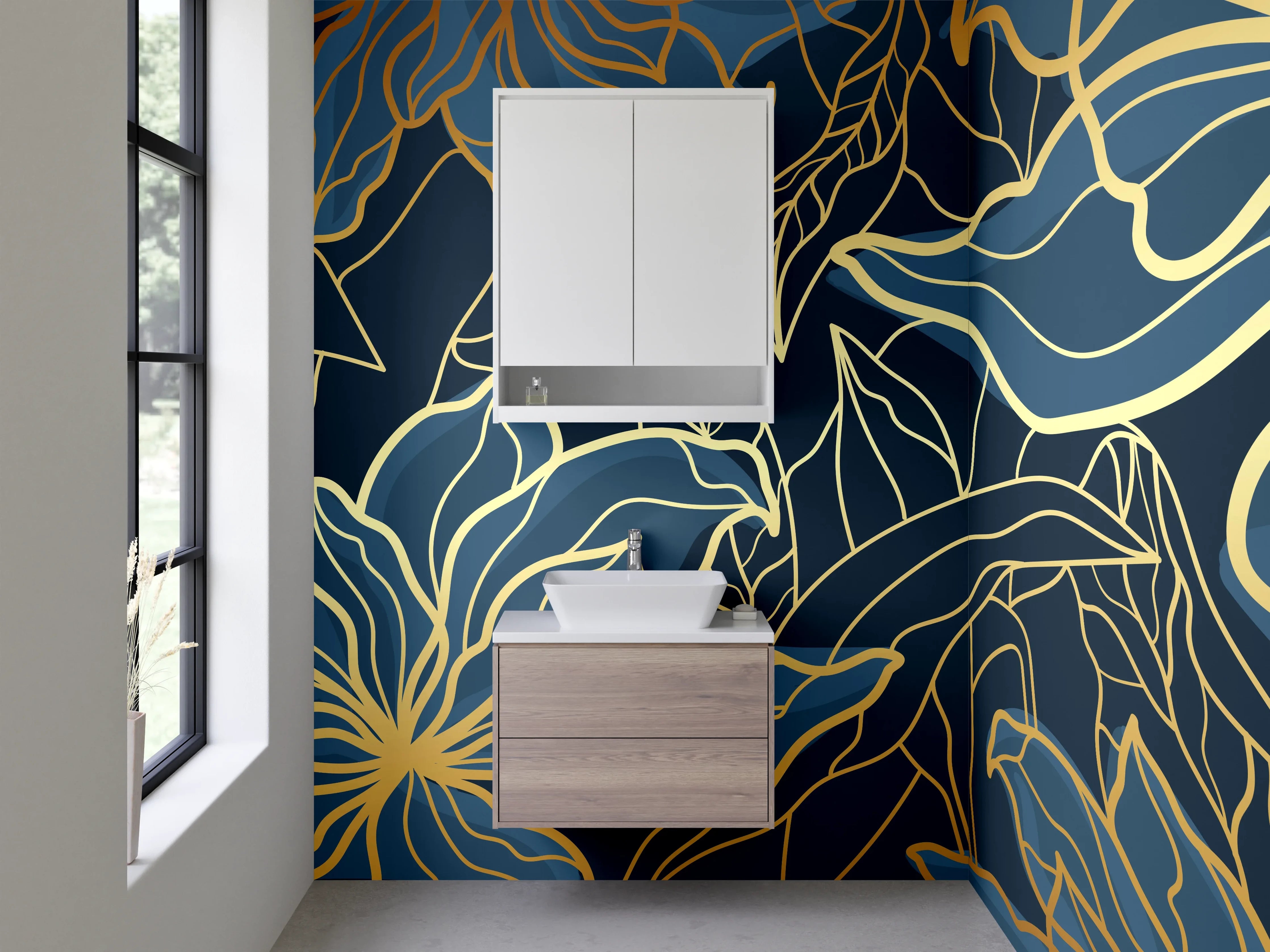 Waschbecken-Rückwand - Goldene Blumen Lineart auf Dunkelblau