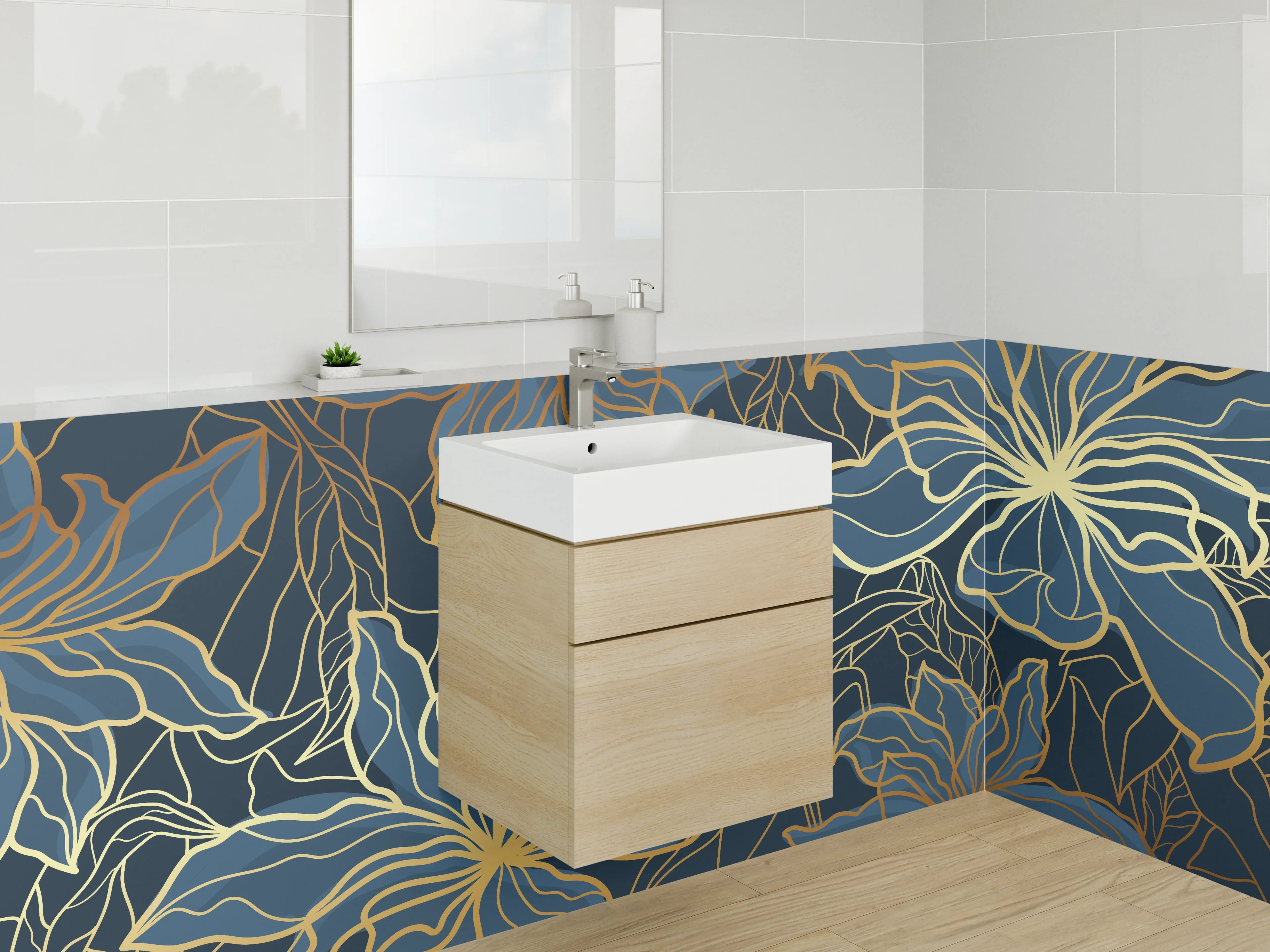 Waschbecken-Rückwand - Goldene Blumen Lineart auf Dunkelblau