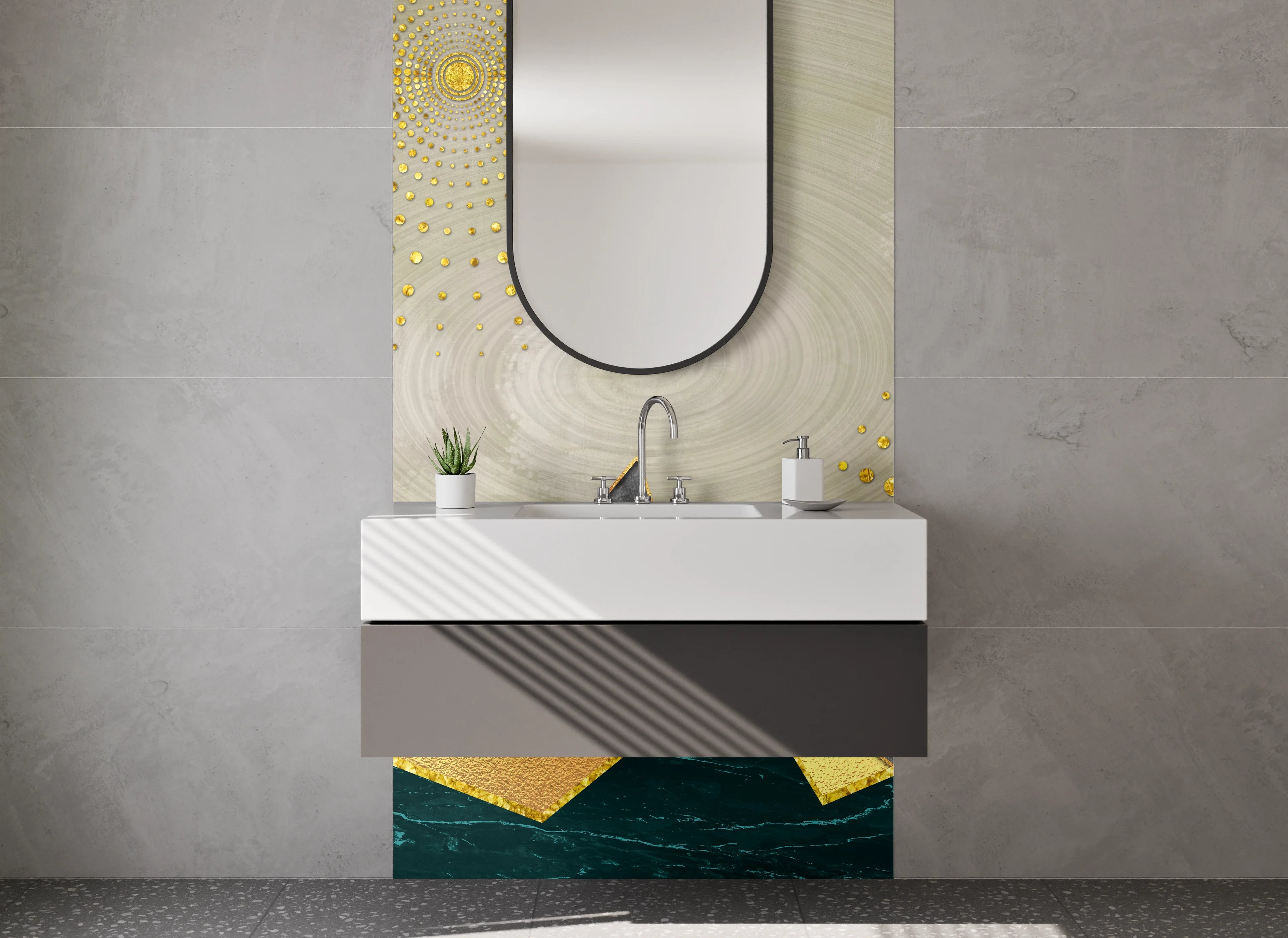 Waschbecken-Rückwand - Goldene Geometrie: Abstrakte Berge