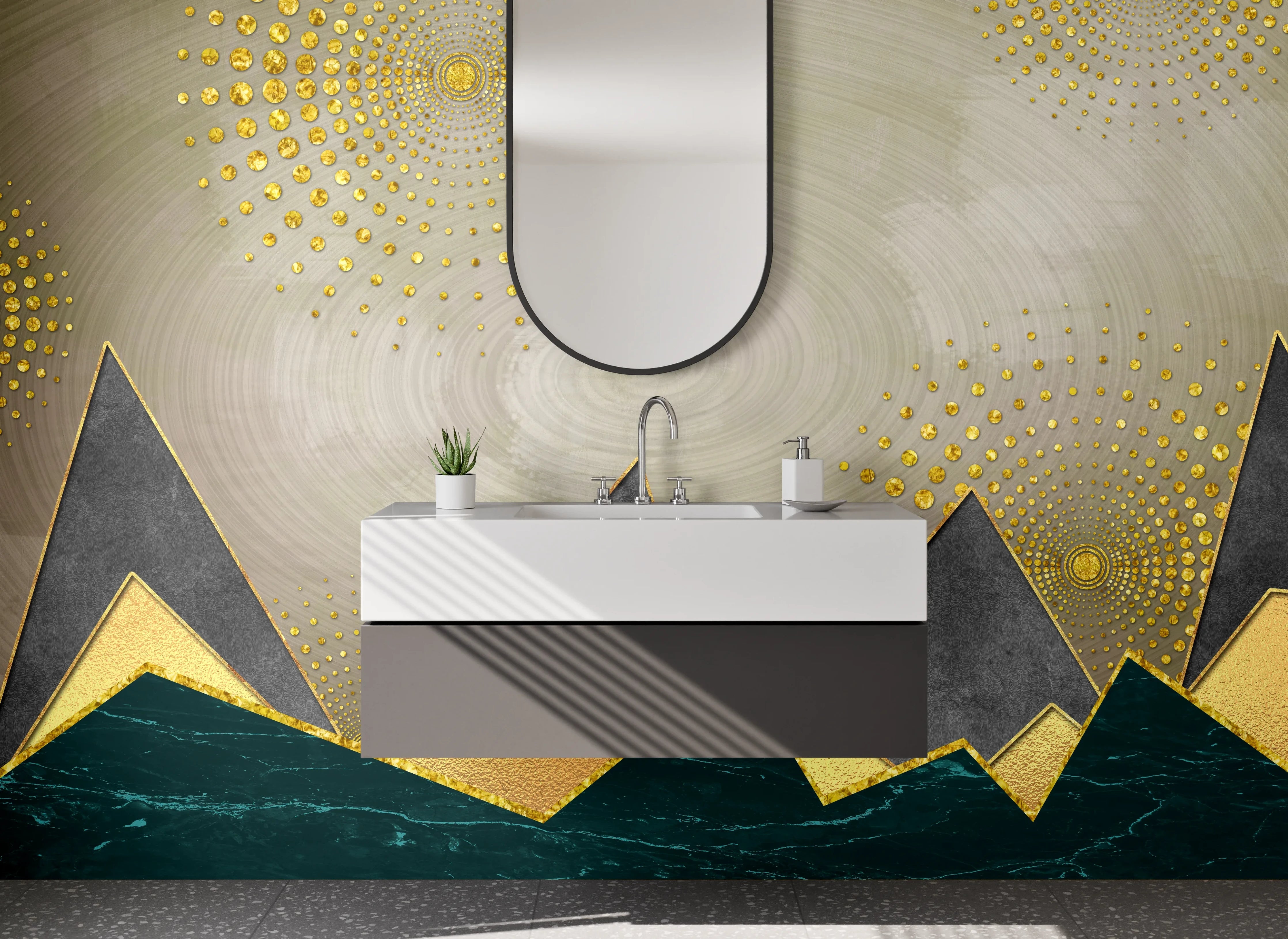 Waschbecken-Rückwand - Goldene Geometrie: Abstrakte Berge