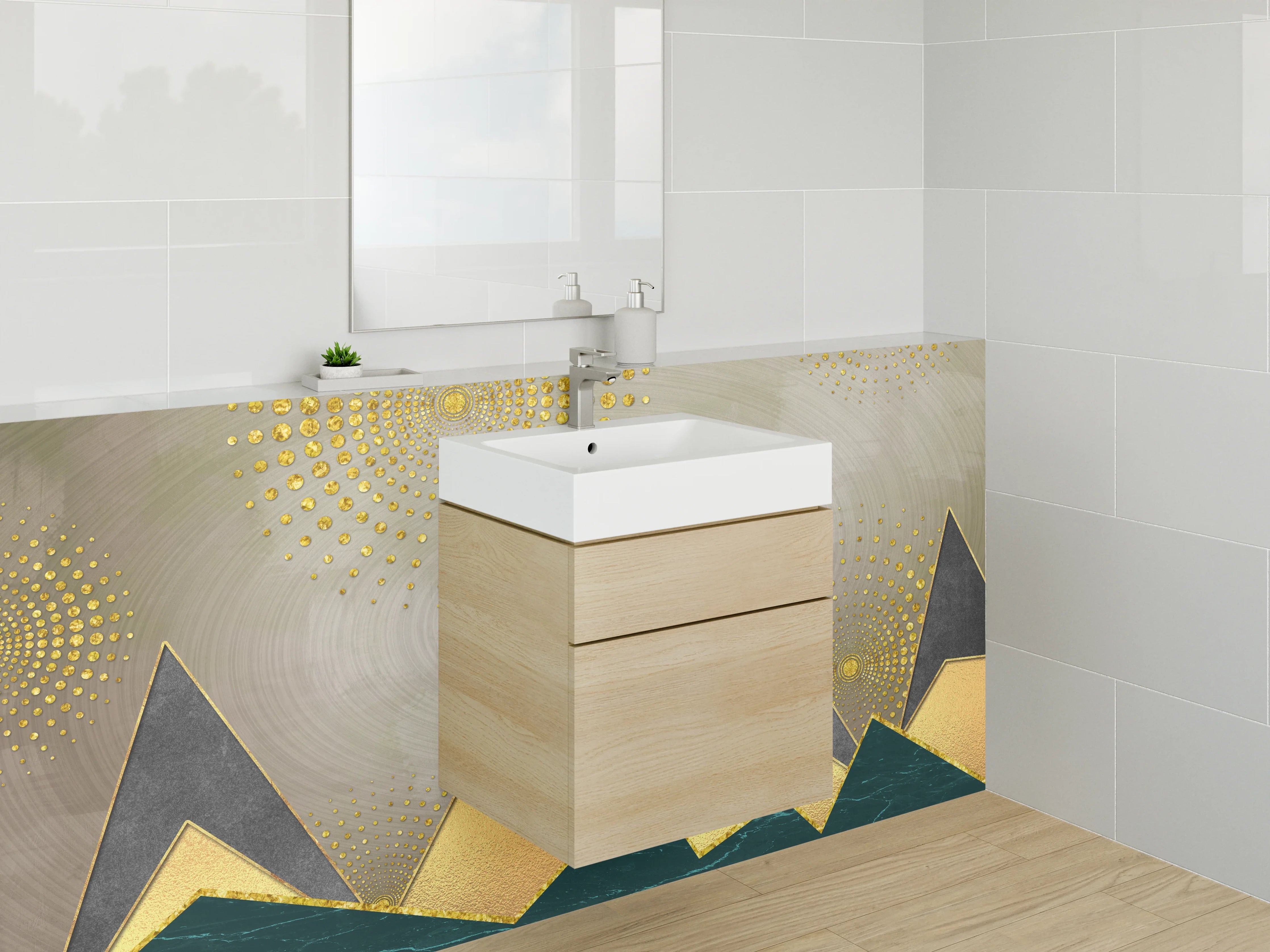 Waschbecken-Rückwand - Goldene Geometrie: Abstrakte Berge