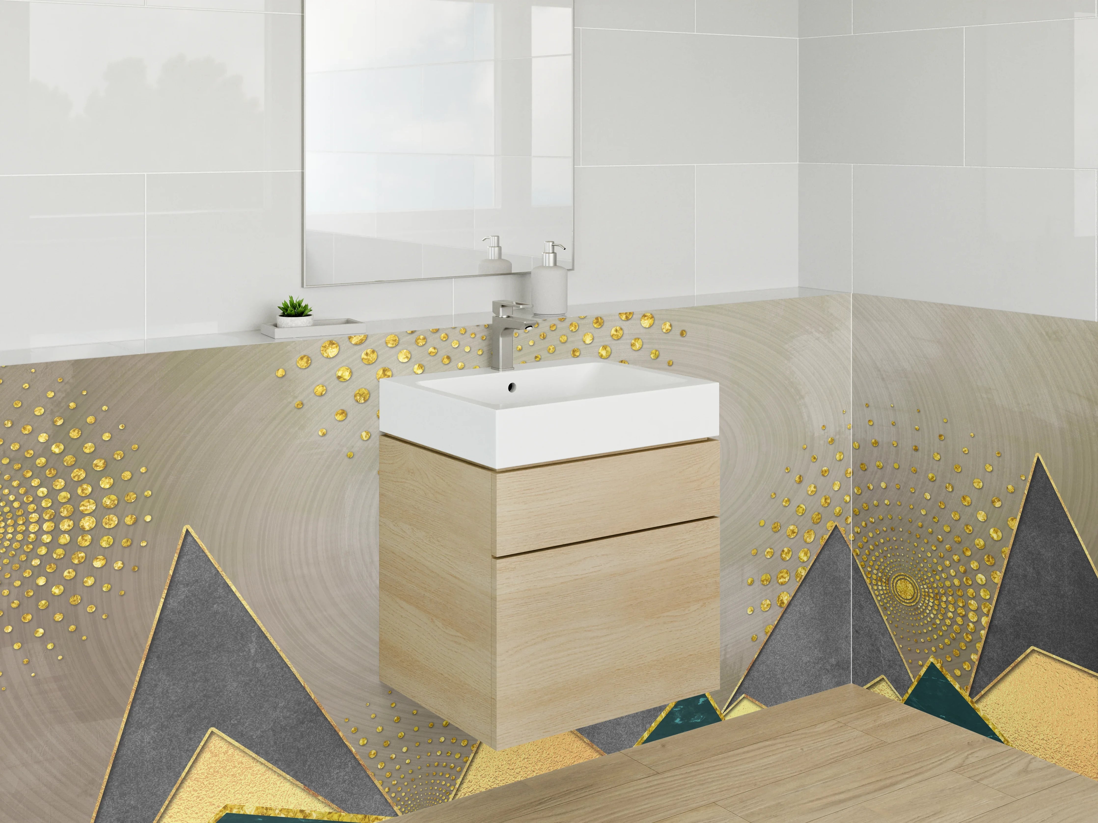 Waschbecken-Rückwand - Goldene Geometrie: Abstrakte Berge