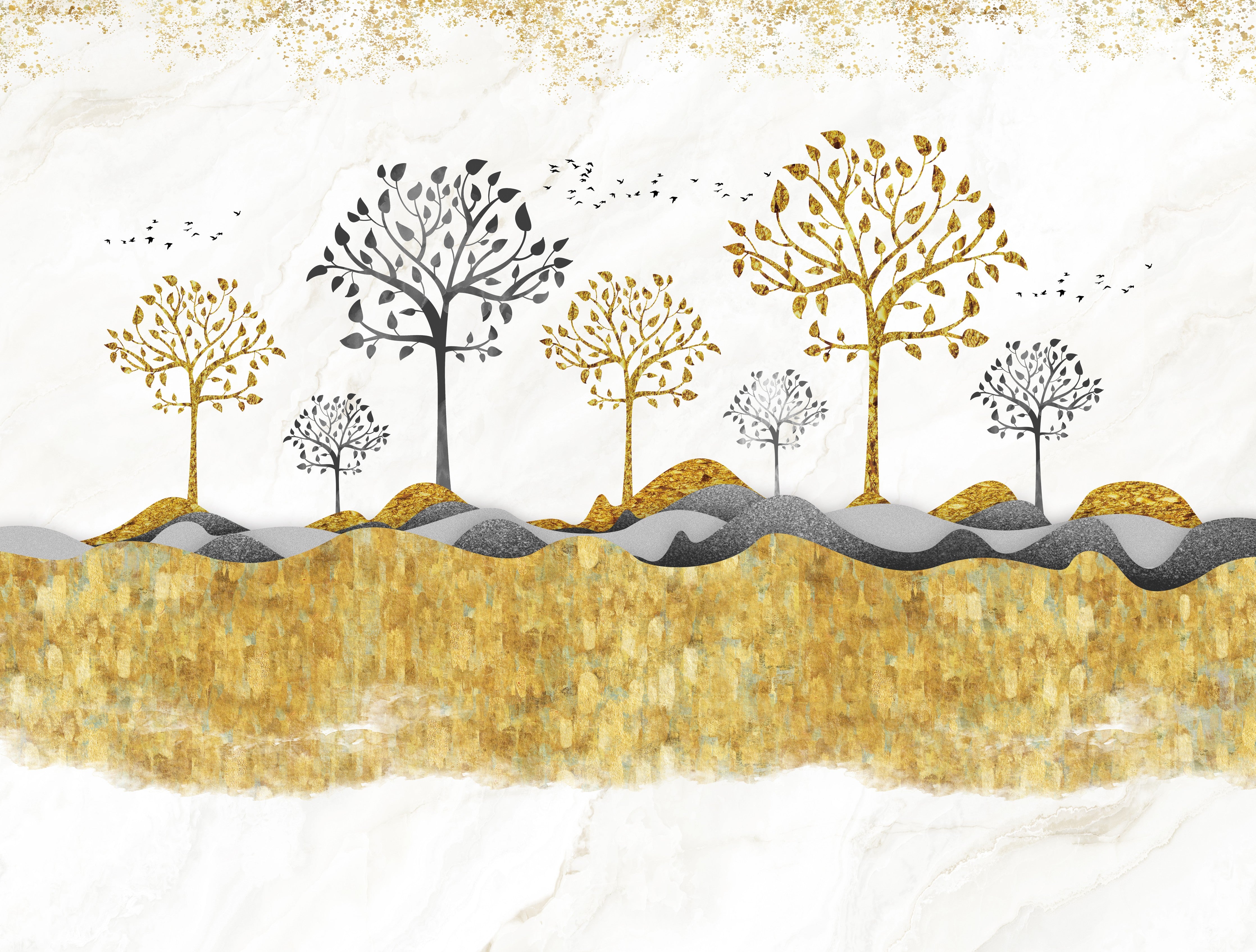 Waschbecken-Rückwand-Goldene Landschaft mit Bäumen auf Marmor