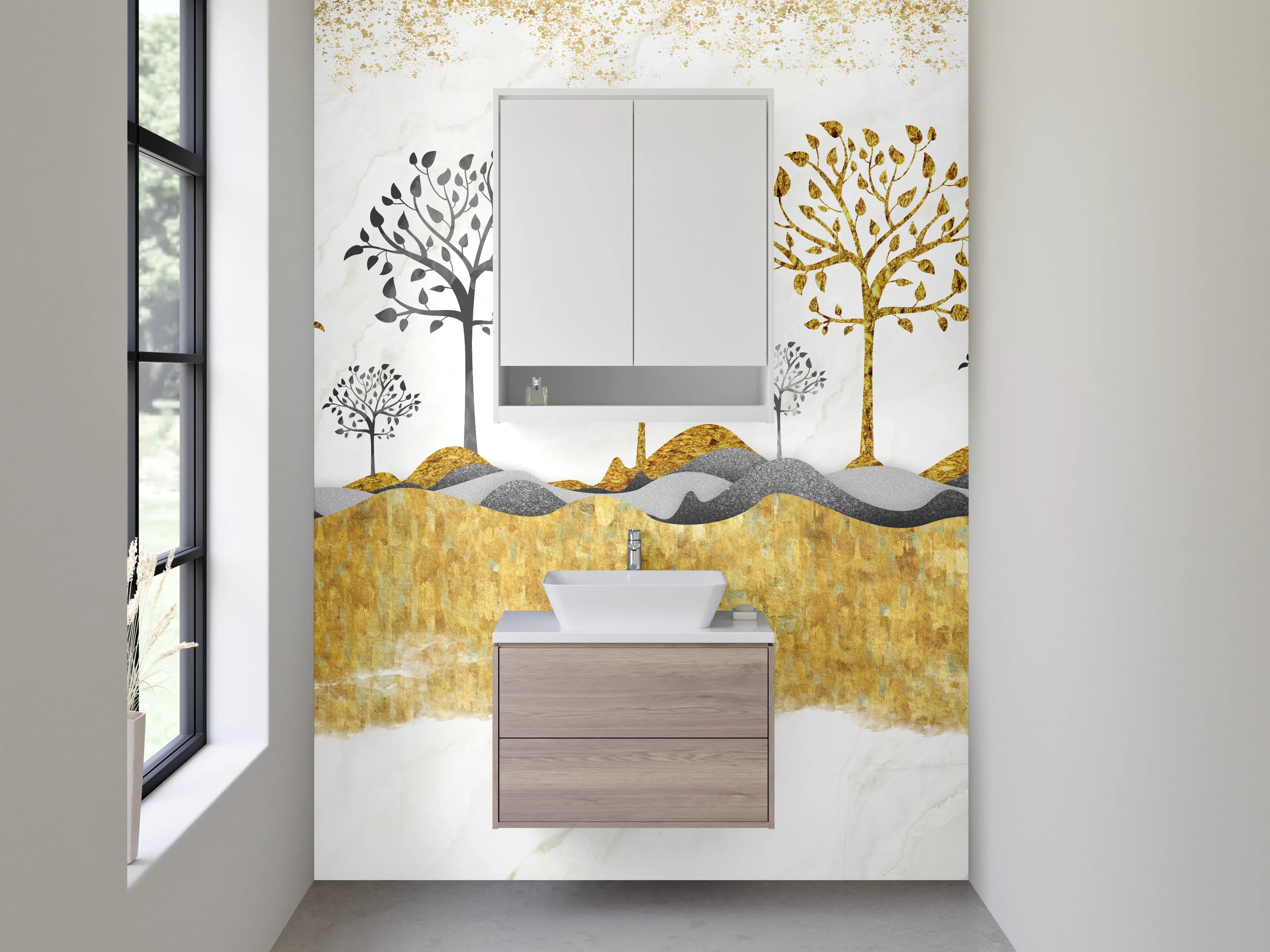 Waschbecken-Rückwand - Goldene Landschaft mit Bäumen auf Marmor