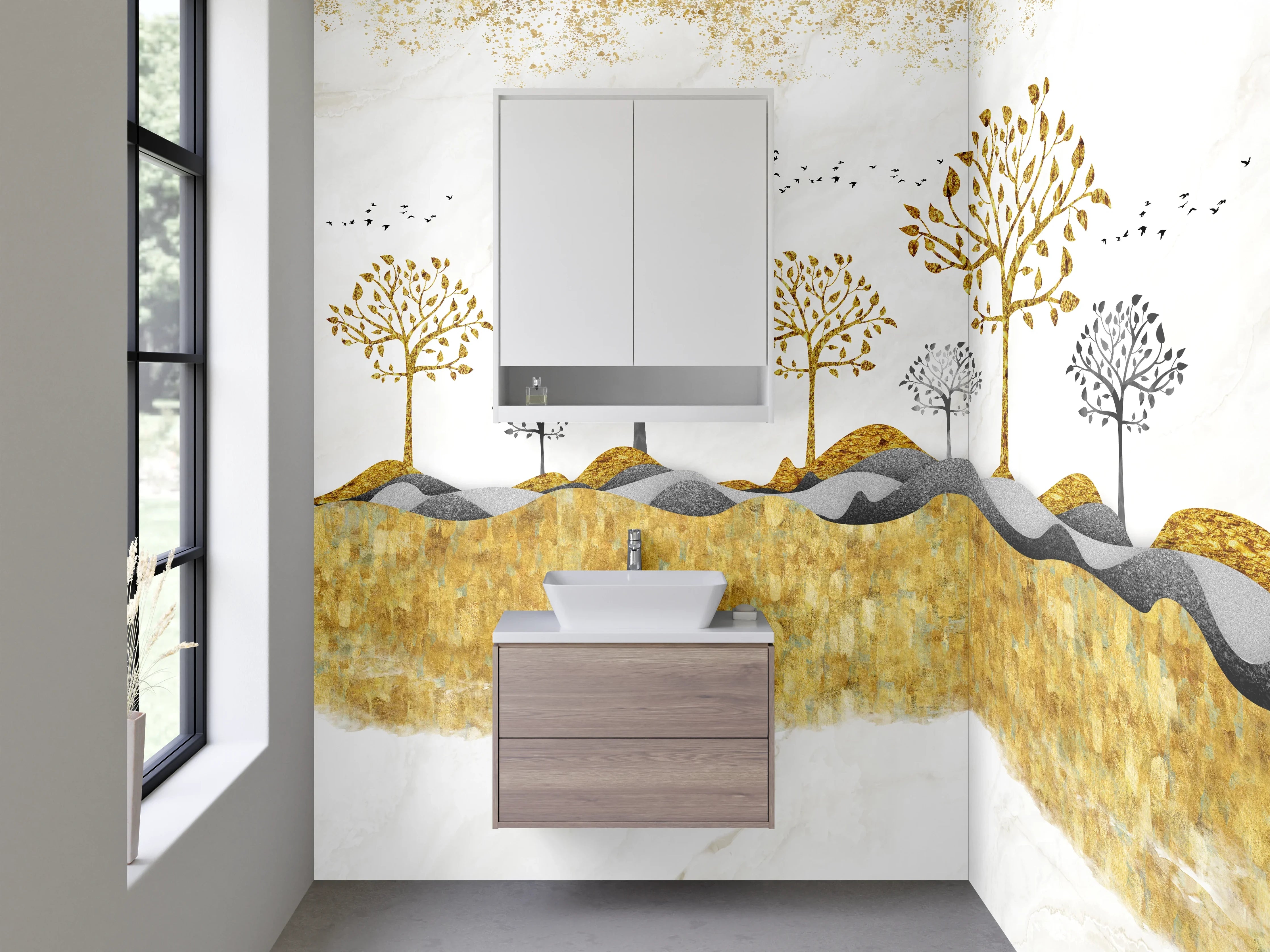 Waschbecken-Rückwand - Goldene Landschaft mit Bäumen auf Marmor