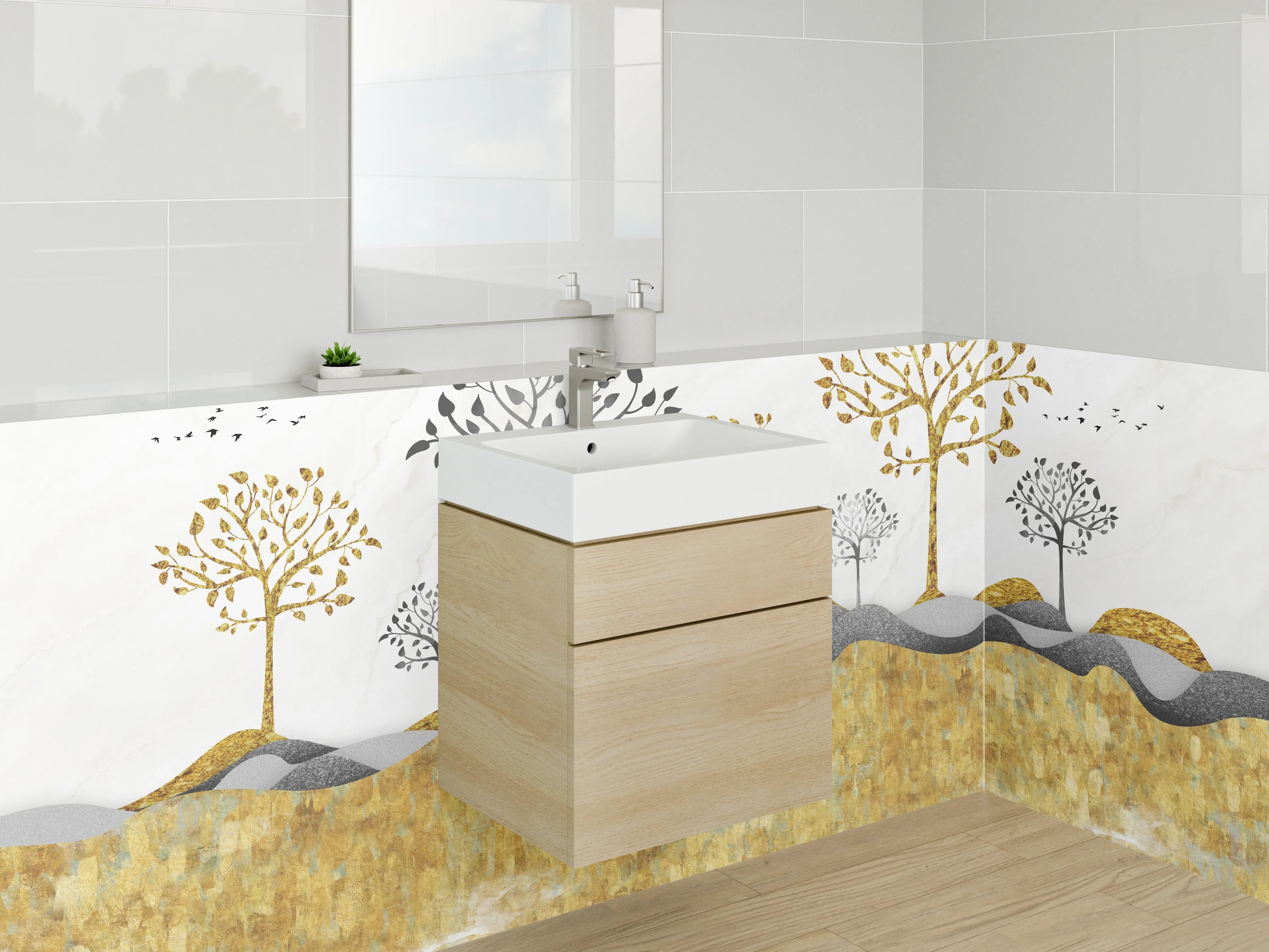 Waschbecken-Rückwand - Goldene Landschaft mit Bäumen auf Marmor