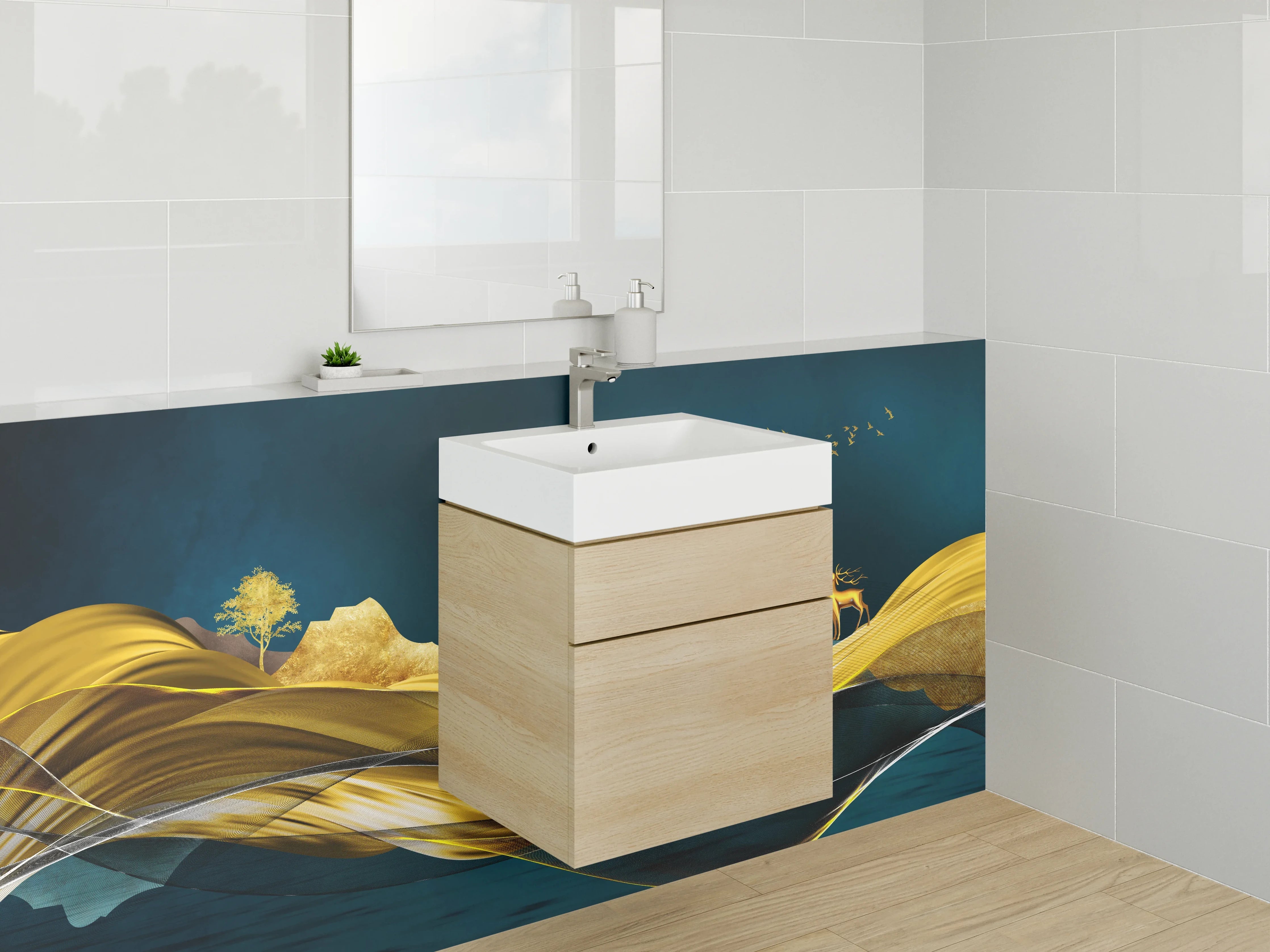 Waschbecken-Rückwand - Goldene Landschaft mit Hirsch – Wandkunst