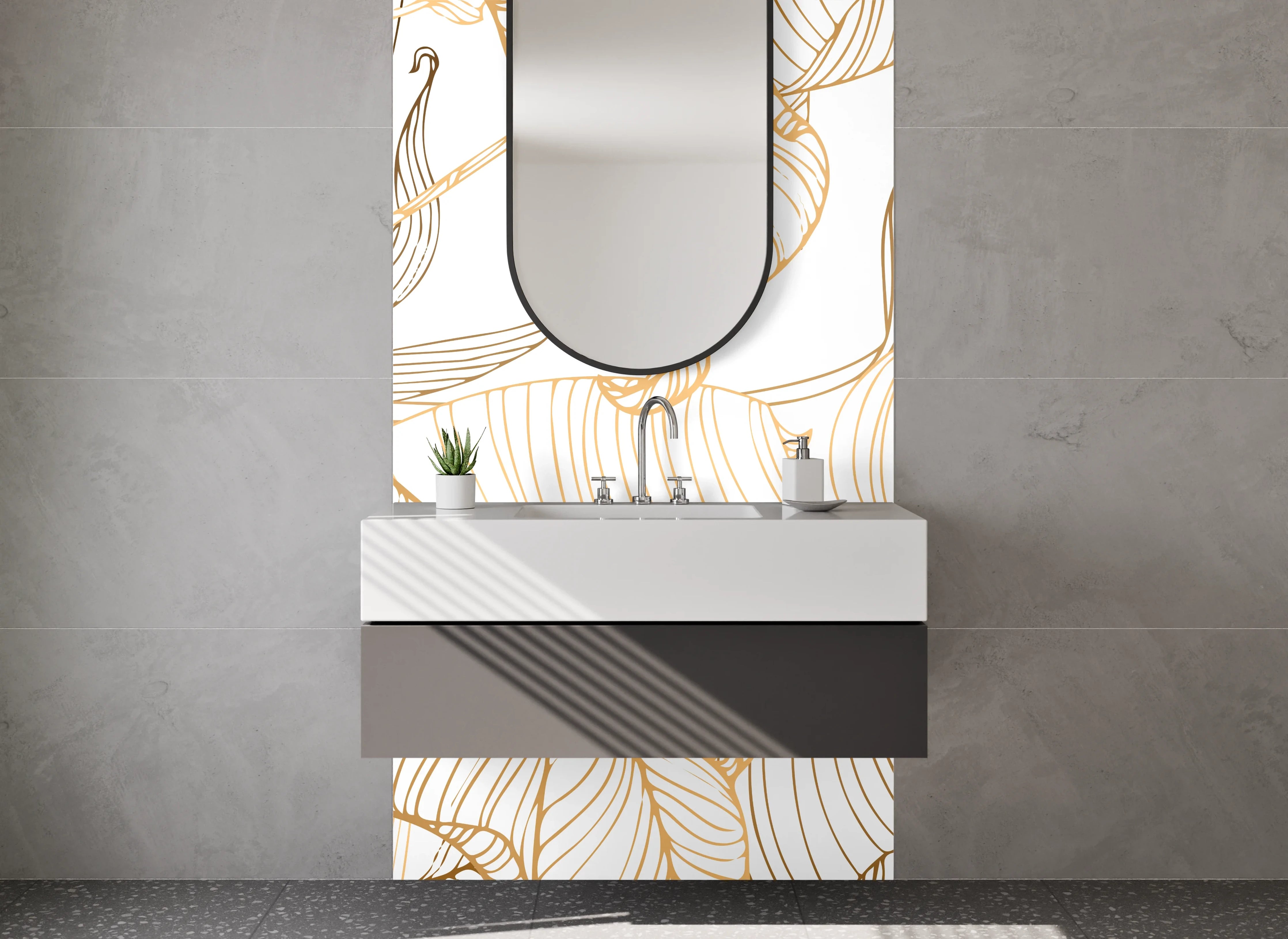 Waschbecken-Rückwand - Goldene Lineart Blätter Muster