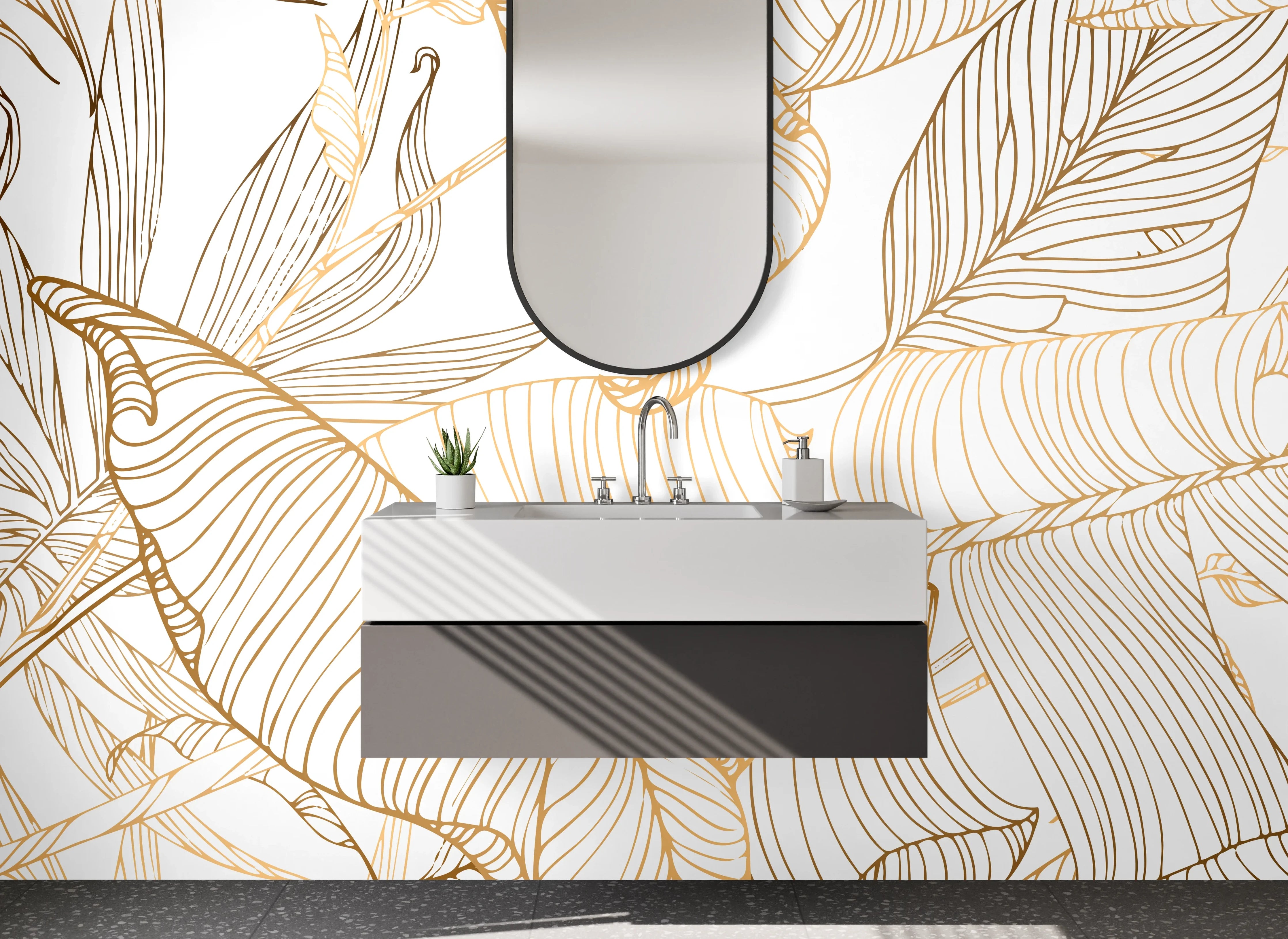 Waschbecken-Rückwand - Goldene Lineart Blätter Muster