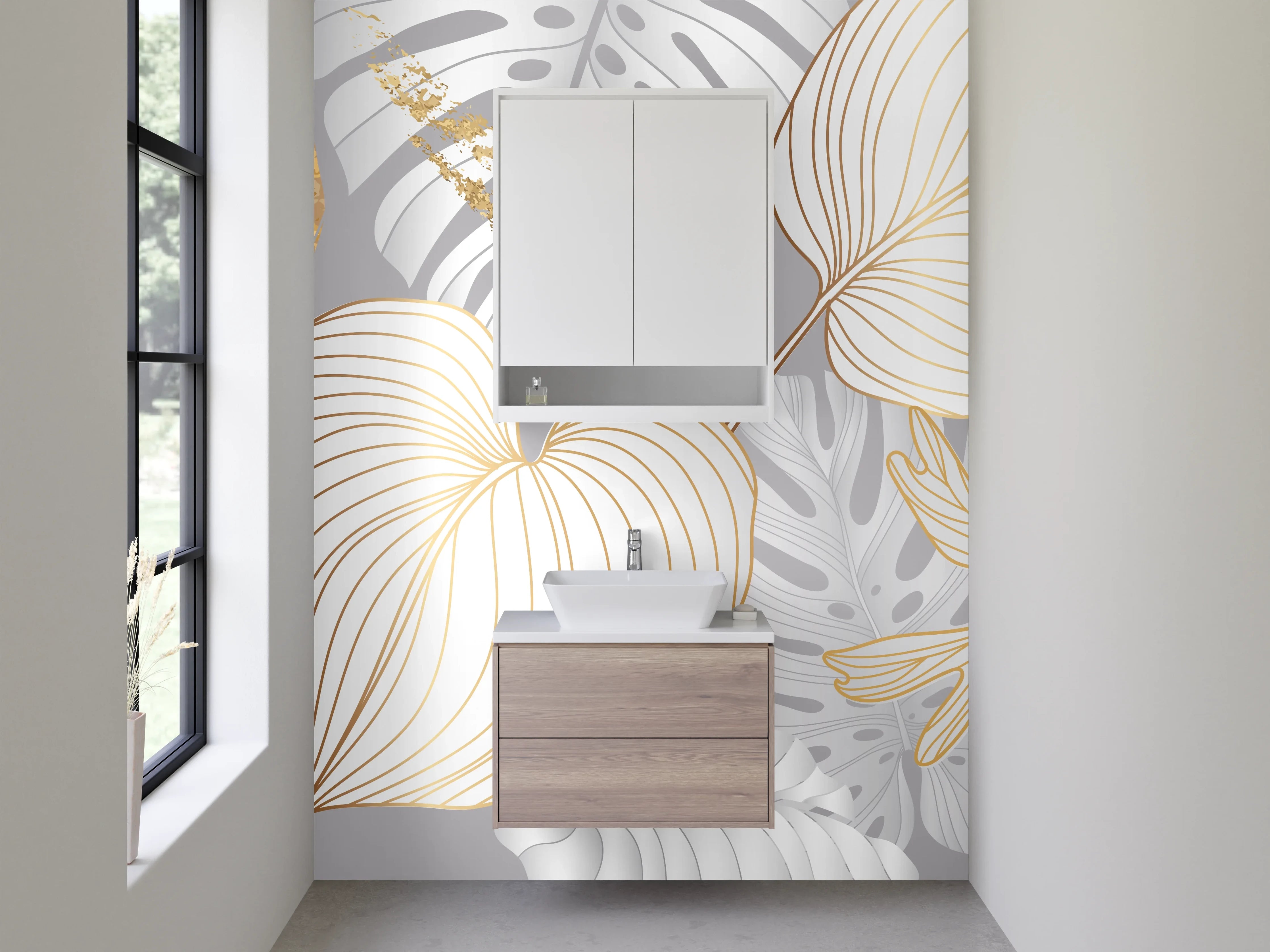 Waschbecken-Rückwand - Goldene Lineart Blätter auf Grau