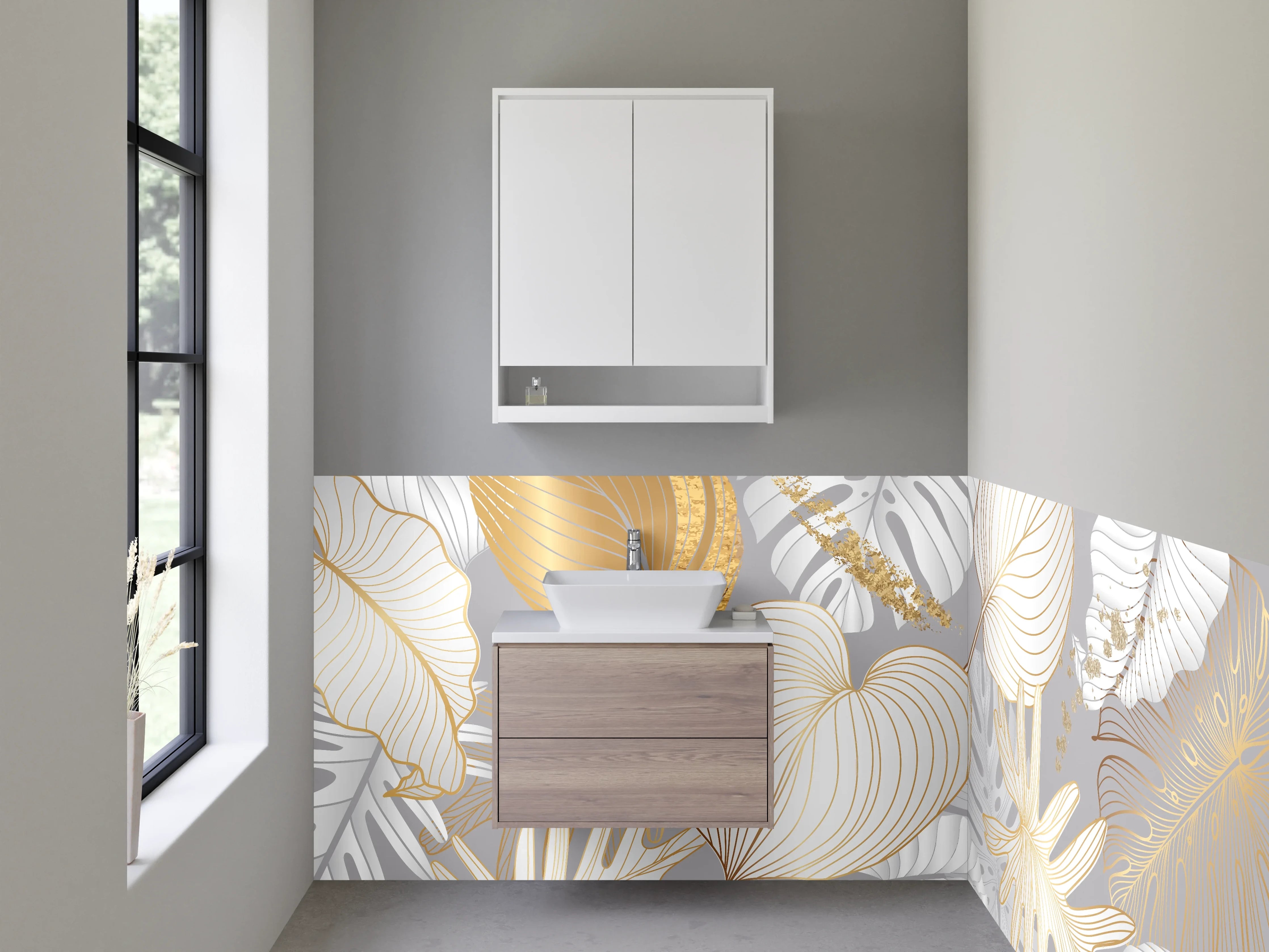 Waschbecken-Rückwand - Goldene Lineart Blätter auf Grau