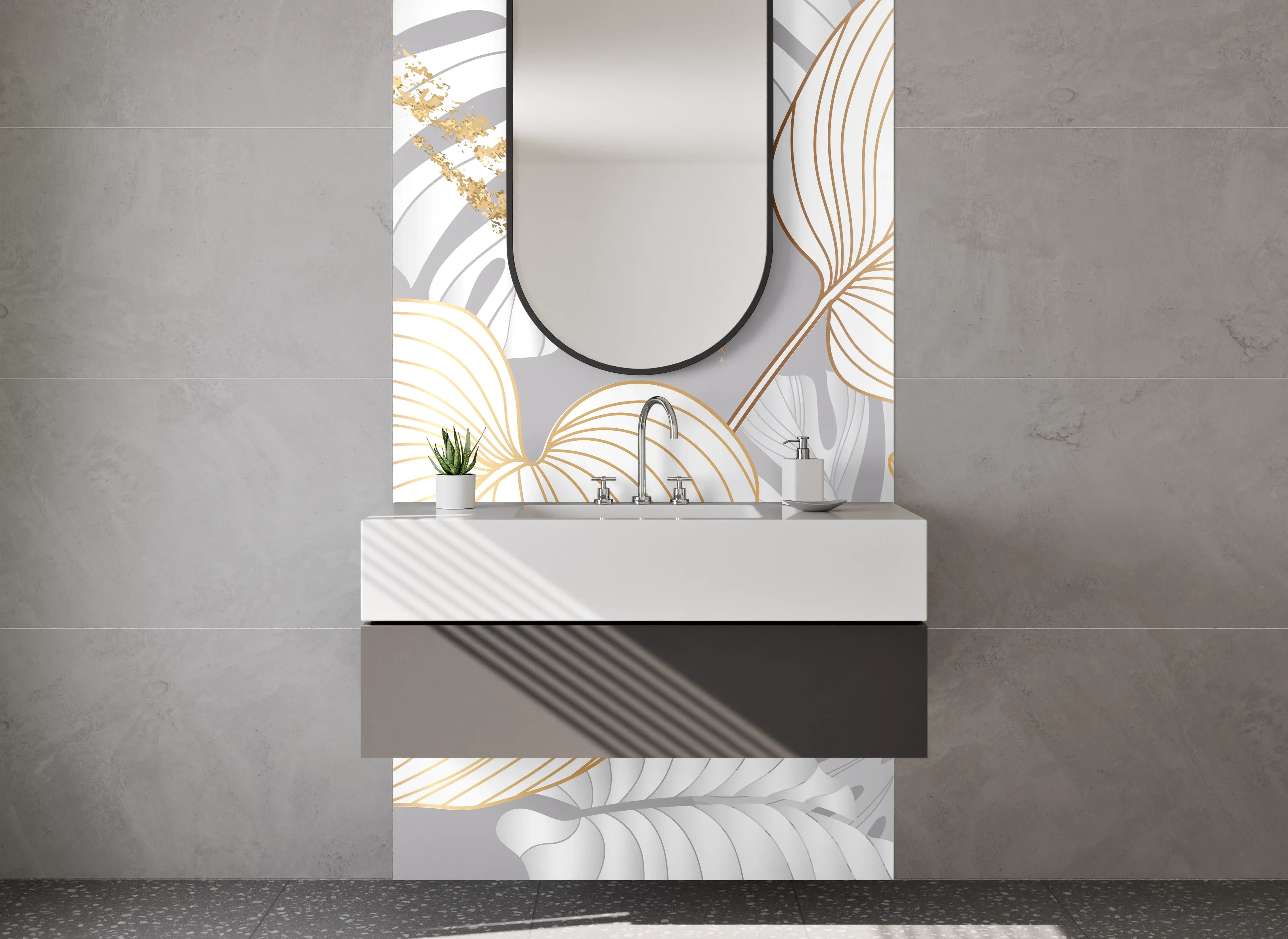 Waschbecken-Rückwand - Goldene Lineart Blätter auf Grau