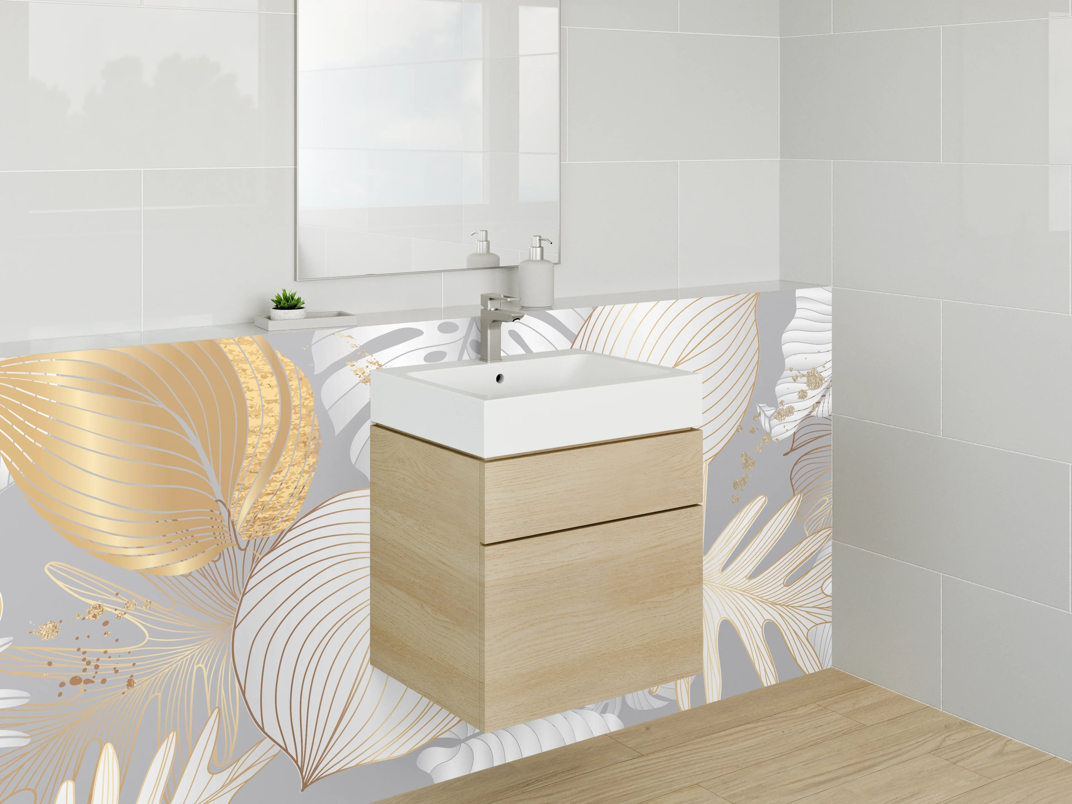 Waschbecken-Rückwand - Goldene Lineart Blätter auf Grau